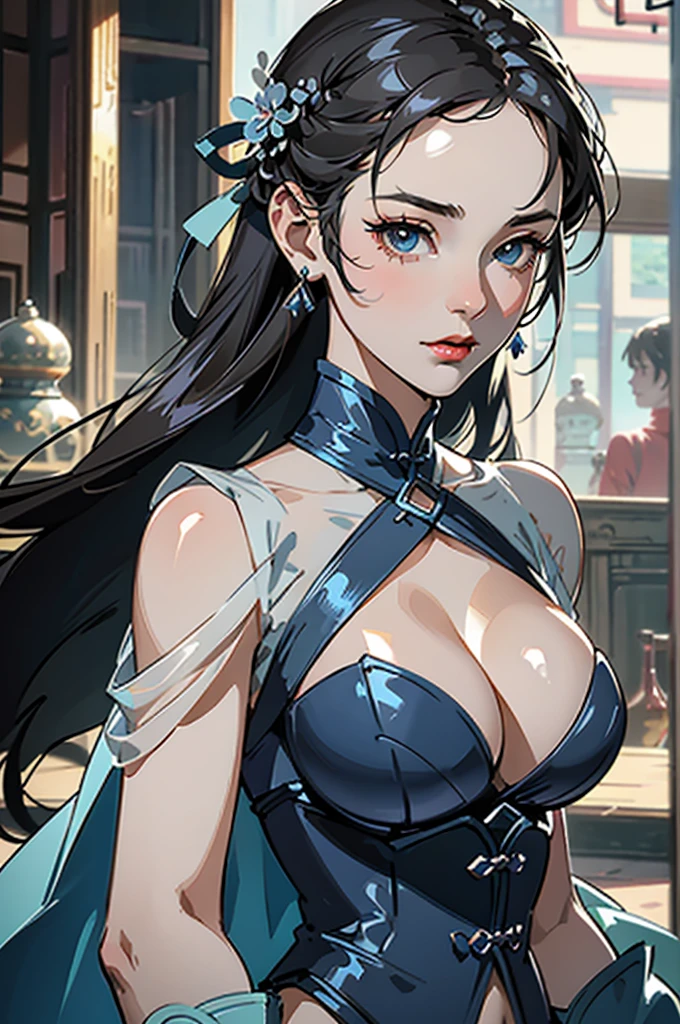 close up shot of a woman in a silver and blue dress, silver armor, large breasts, cleavage, chengwei pan on artstation, by Yang J, detailed fantasy art, stunning character art