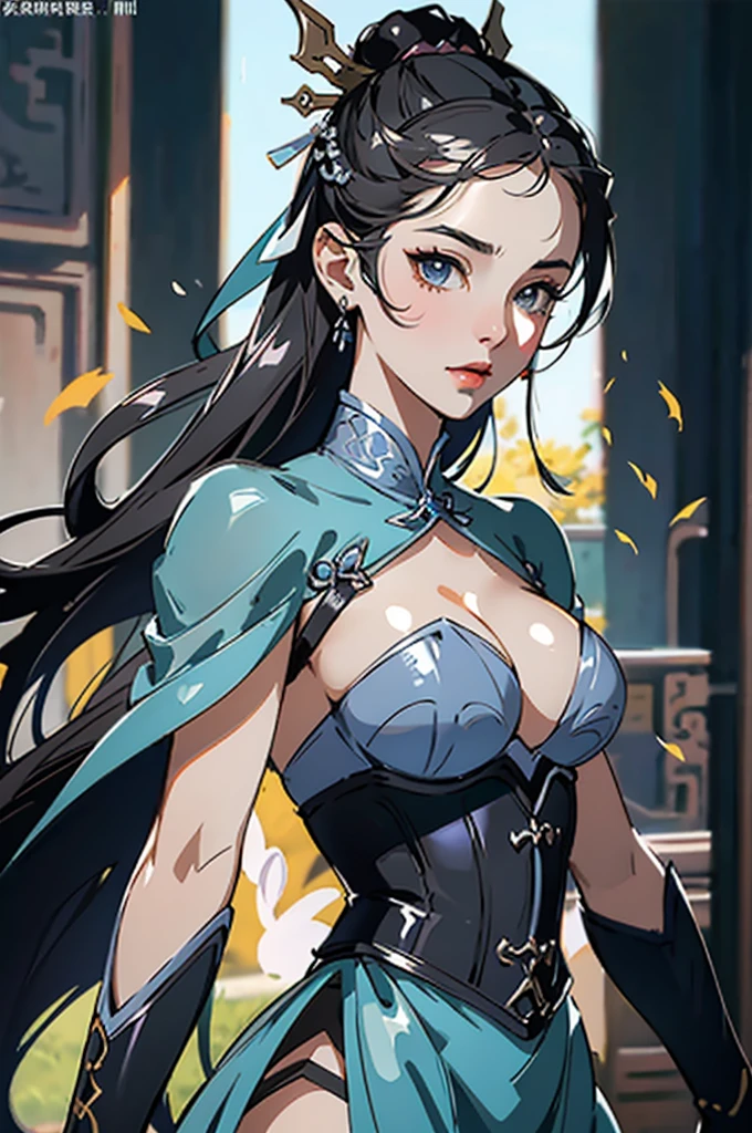 close up shot of a woman in a silver and blue dress, silver armor, large breasts, cleavage, chengwei pan on artstation, by Yang J, detailed fantasy art, stunning character art