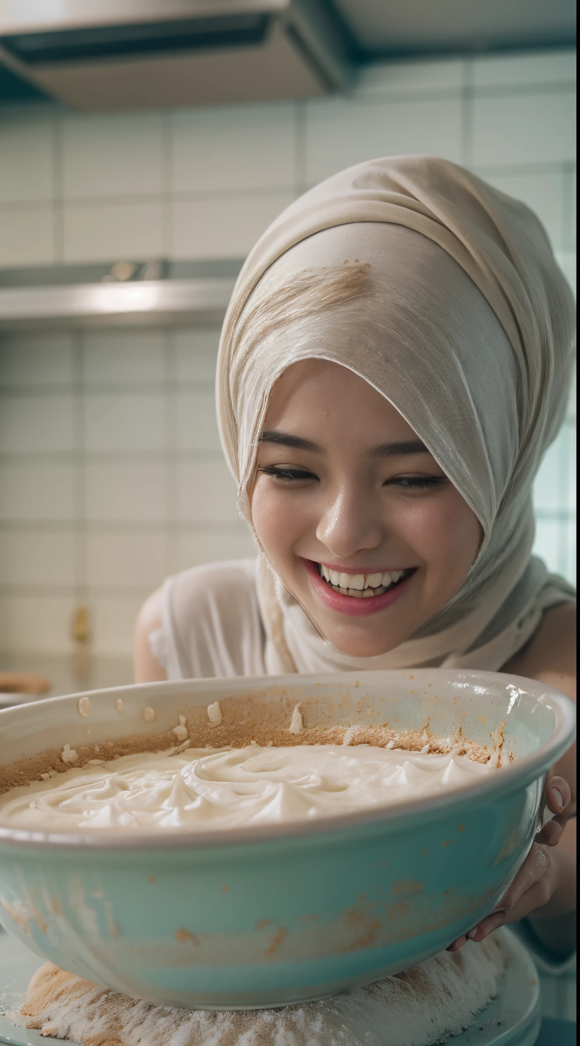 malay girl in hijab baking cake in pastel color peplum dress, dimple, big front teeth, gold necklace, laughing, happy, messy kitchen, flour in face and body, wet bikini, wet flour in body and face, detailed skin texture, soft lighting, too many smudge flour in body and face, style raw, pastel color grading, Super 8mm lens, Deep Focus cinematography effect