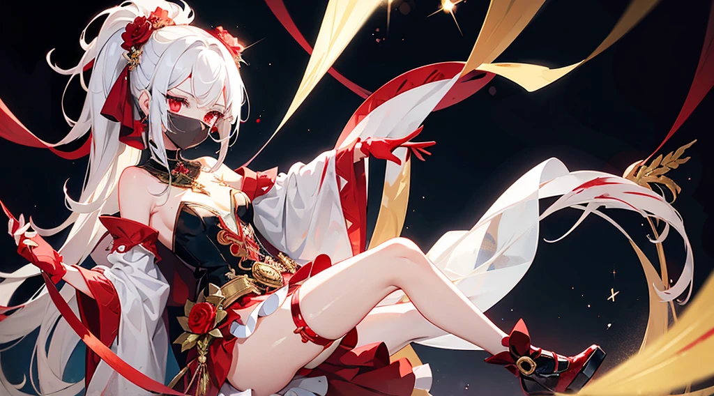 a girl, with a high pony tail and white hair with small red streaks in her hair with the bangs moved to the side, pretty red eyes with long lashes, wearing a flowy mostly white thigh length dress that shows her shoulders with red flowers, small tiny gold jewels on her dress, with as flowy white cape on the side of her dress, with a small fascinator with a gold and red flower, wearing cone heel shoes that are with with a red flower on the left heel, wearing a white see through thigh high on the right leg, blood red thigh belt with red jewels, see through white gloves, has a tattoo of a small star on her right shoulder.