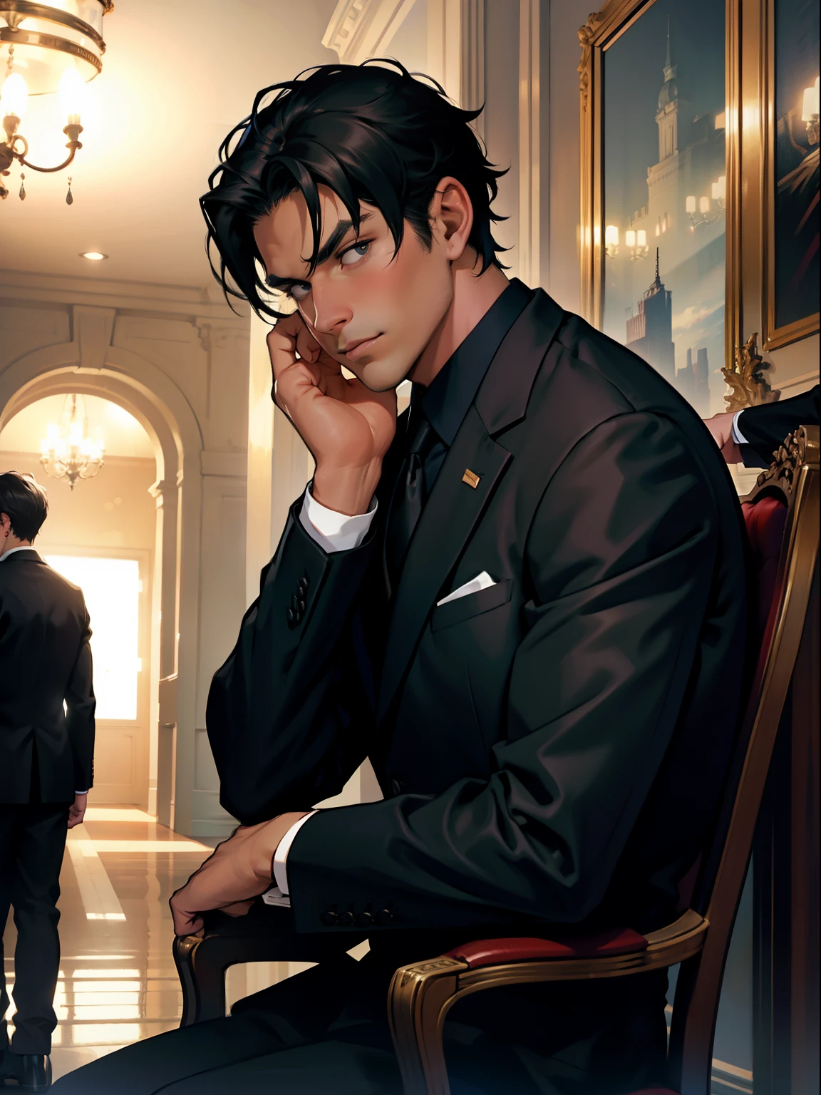 Overbearing president， In black suit，sitted， Hand on the cheek， with short black hair，