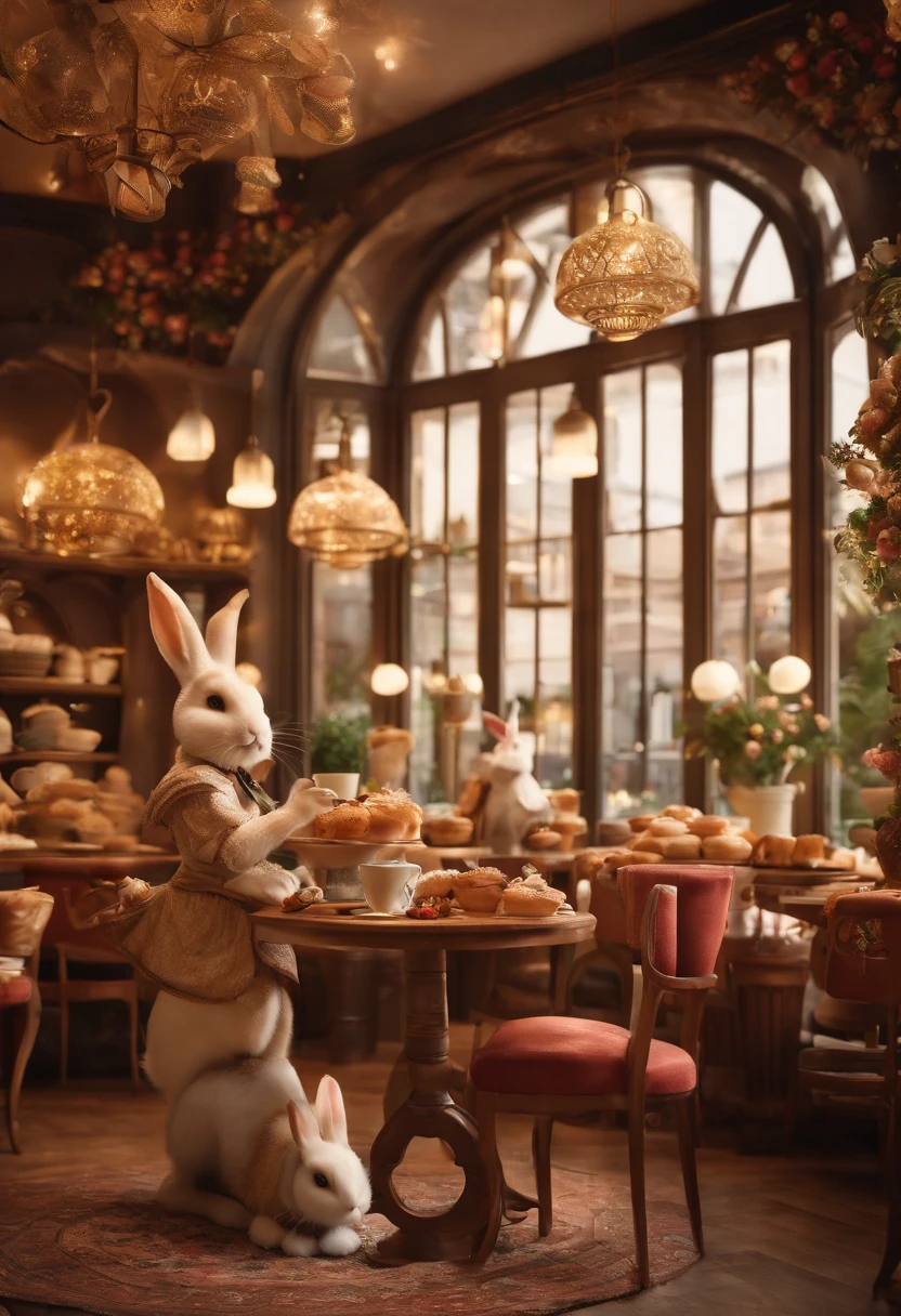 The image is of a beautifully decorated rabbit-themed cafe with rabbit-shaped pastries and lattes.,original,I love rabbit.