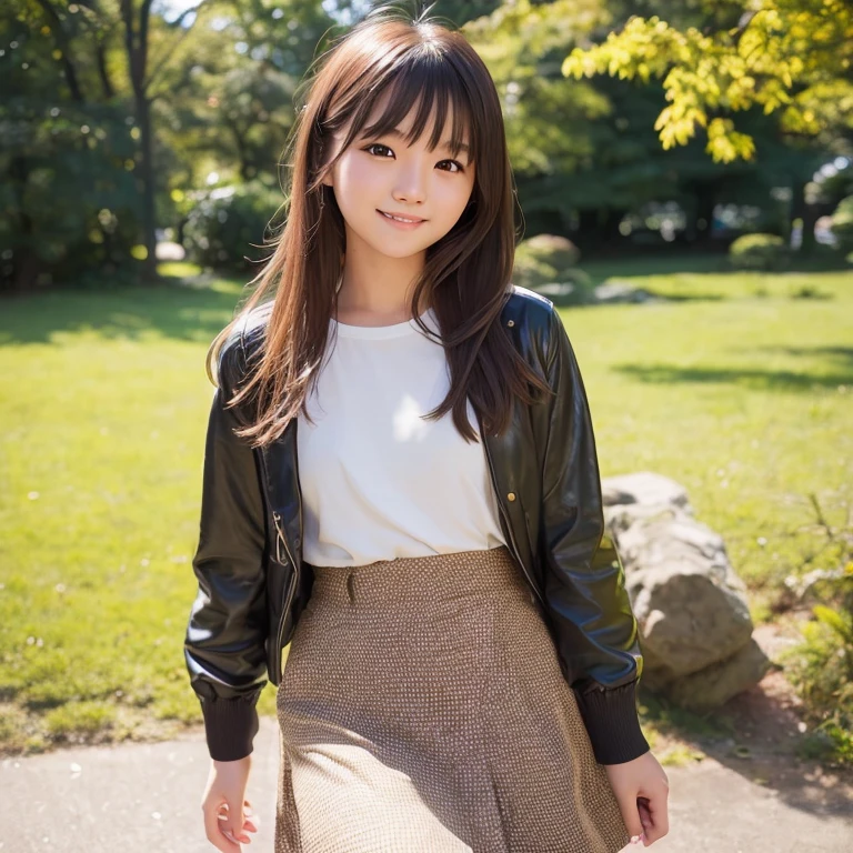 Brown Hair,Medium Hair,20-year-old female, Small nose, With the correct face, Cute natural smile, Japanese facial features, A clean and cute face, Cute realistic portrait, Asian Face, 8K Photo, Soft Makeup,Natural skin texture,Raw photo,highest quality,Full Body Shot,Skirt-Lift