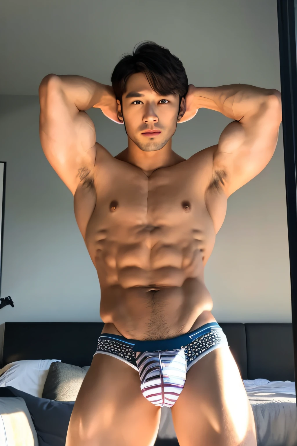 Masterpiece, Best Quality, Solo, Korean Men, bodybuilder, Muscular body, big muscle, Natural eyes, Short and delicate hair, Sexy Man, looking up at viewer, Triangle men's underwear, Erection, legs open, Muscular posture