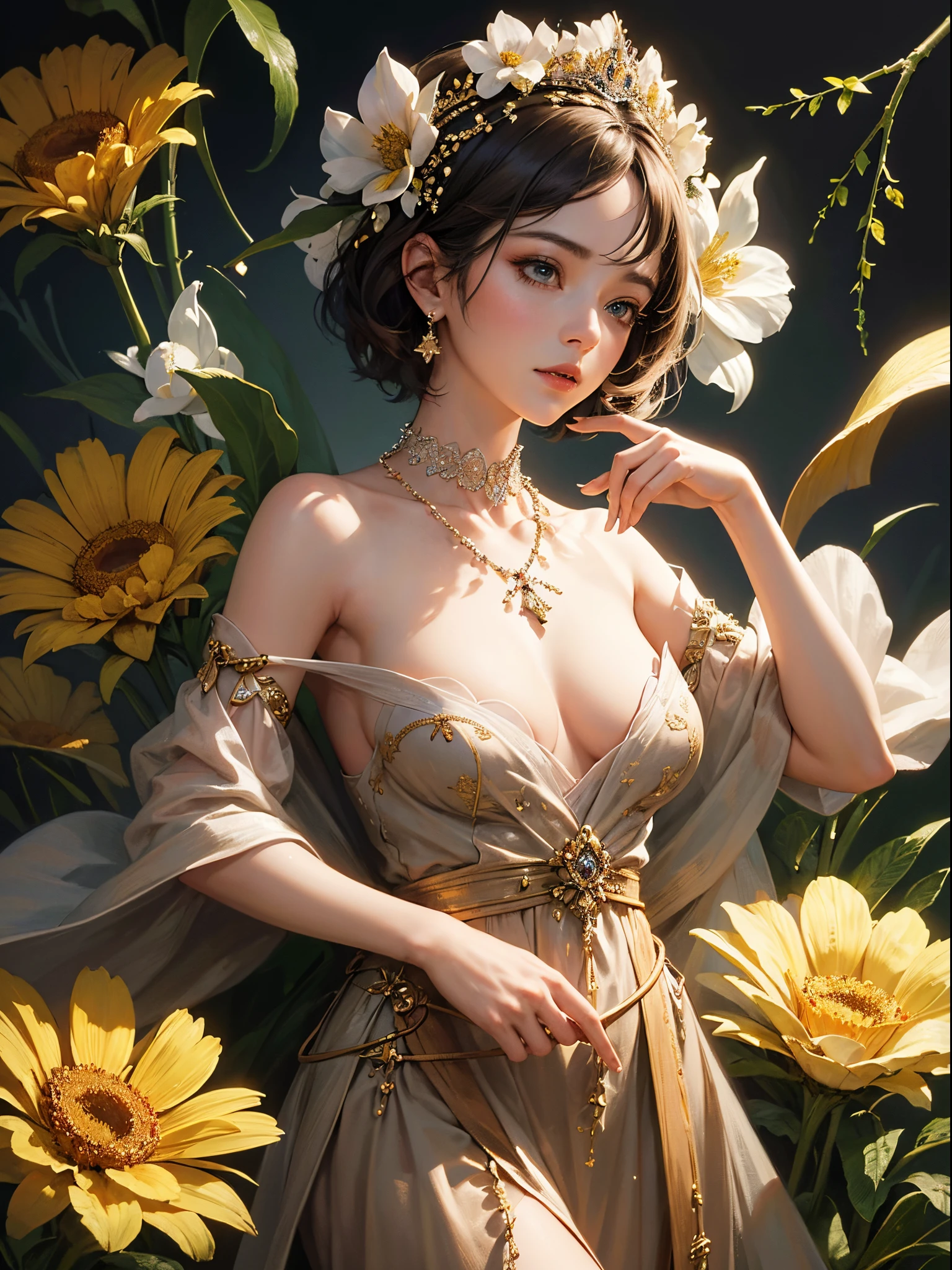 (masterpiece), (highest quality), (illustration), (super detailed), (high resolution), absurdity, one girl, short hair, close up, potrait, flower and accessories in head, ancient necklace, queen of flower, front view, shoulder off, medium breast, floral girl, plain dark background, focused, 8k, 4k, ultradetailed