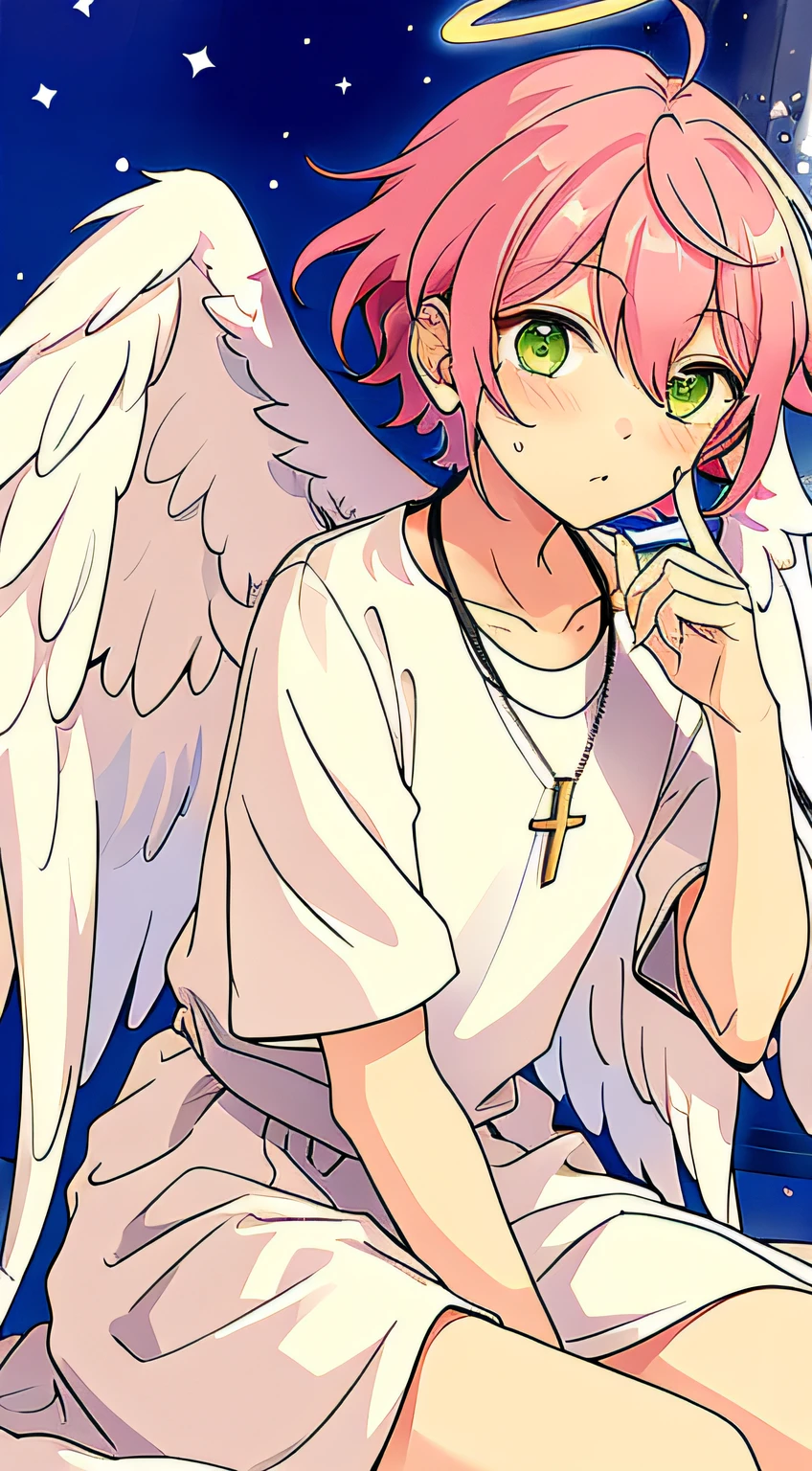 Momo Lee Himemiya, ensemble Stars, Solo, blush, 1boy, Male Focus, side locks, Wings, Angel wings, angel costume, Wings, Angel wings, Feathered wings, Pink hair, Green eyes, Angel, Halo, cloud, Necklace, skyporn, Cross, Dress, Sitting, Above the clouds, Upper body, Detailed face