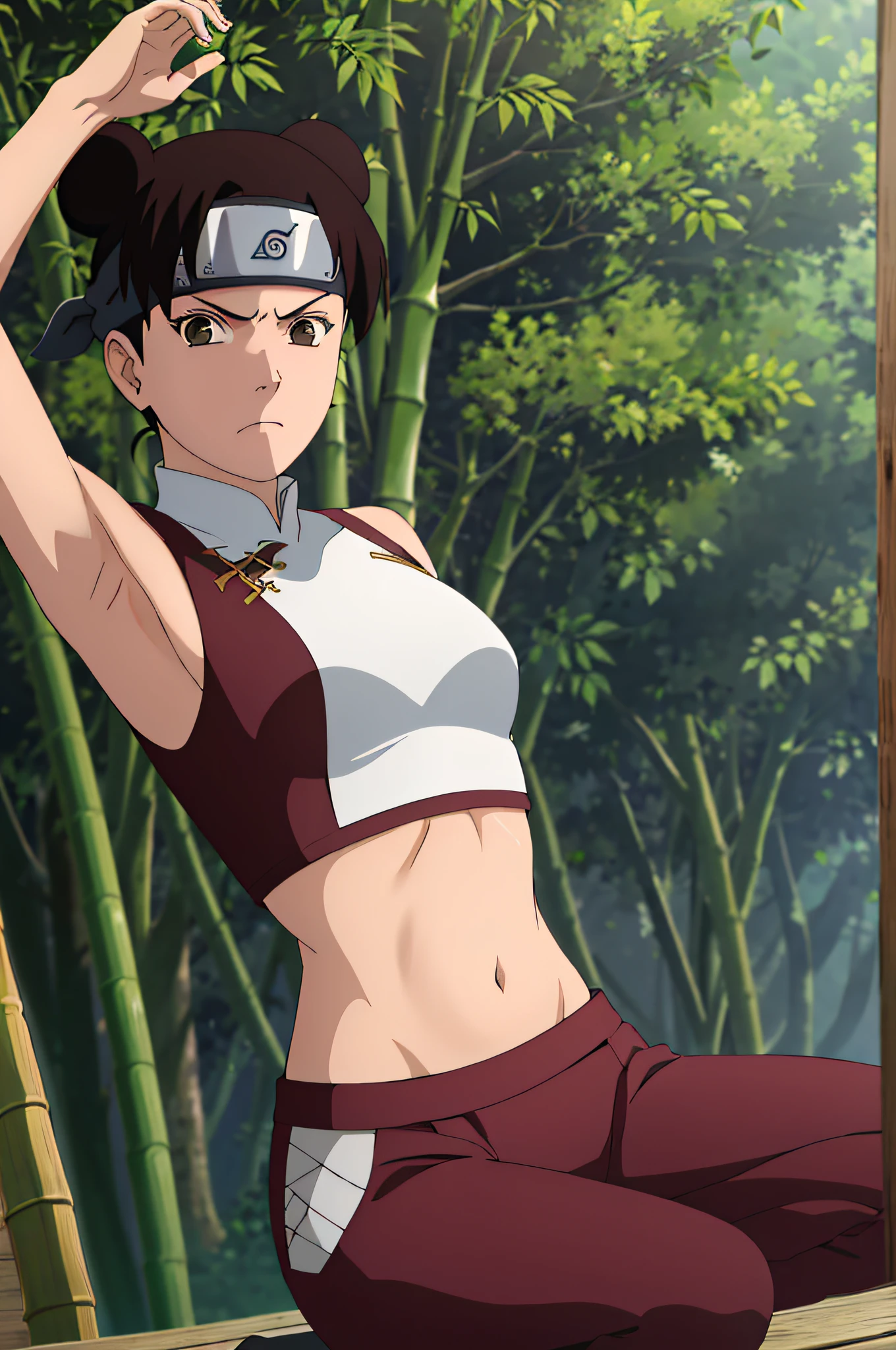 masterpiece, armpit focus,tenten\(shippuden\), 1girl, solo, yoga pants ,white crop top, medium breasts, ,forehead protector, konohagakure symbol, headband, looking at viewer, outdoors, bamboo forest, frown, sleeveless, shaved armpits