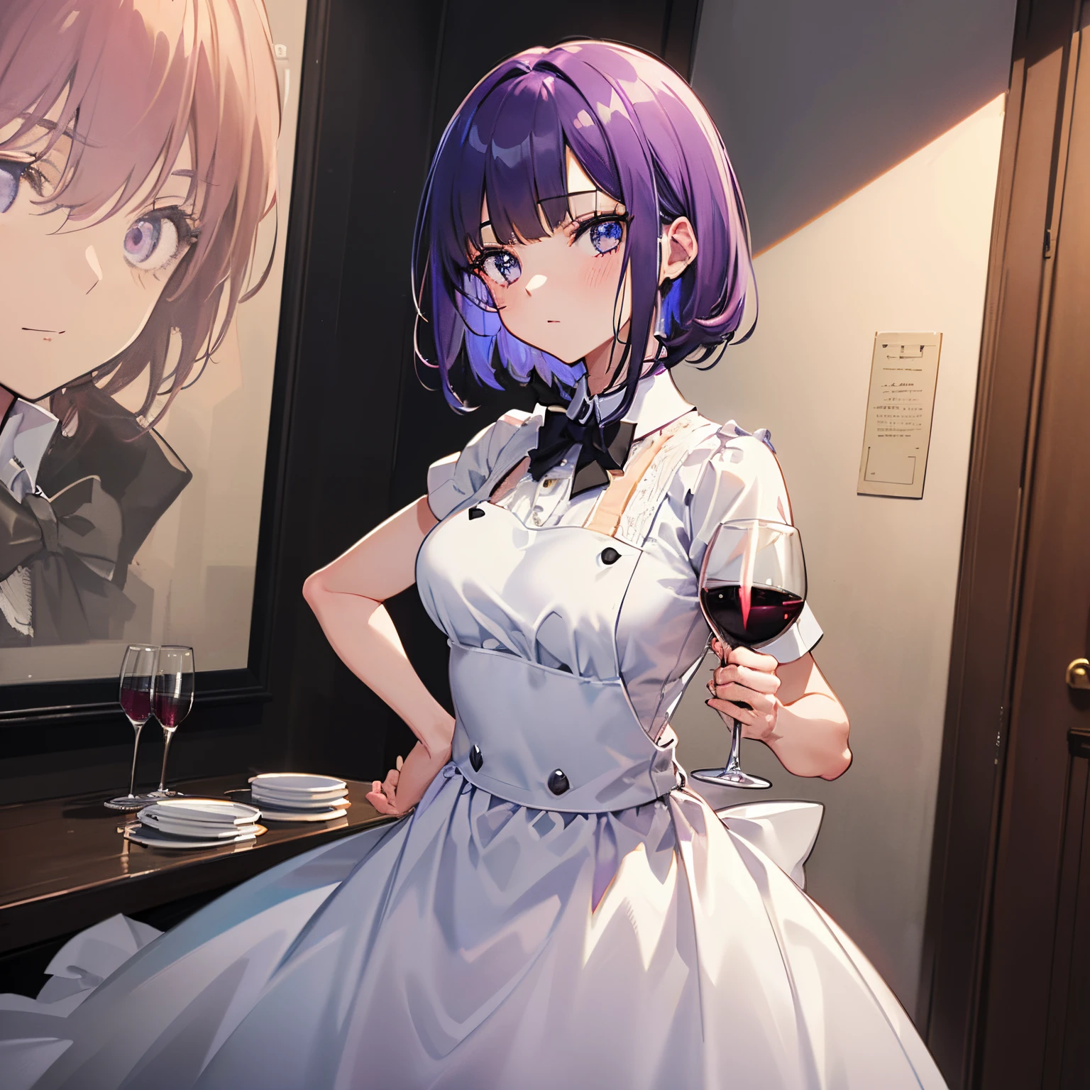 ((masuter piece,8k wallpaper,best qualtiy,(girl with1a person:1.2))),(Illustration:0.8),Brilliant,(Purple hair,short-cut,Purple eyes),Click here for the line of sight,animesque,animated painting,anime screen cap,(Beautiful detailed eyes:1.6), extra detailed face, Perfect Lighting,extremely details CG, (Perfect hands, Perfect Anatomy、Hands behind your back),(wine glasses:1.3)、(waiters:1.3)、(sommelier:1.3)
