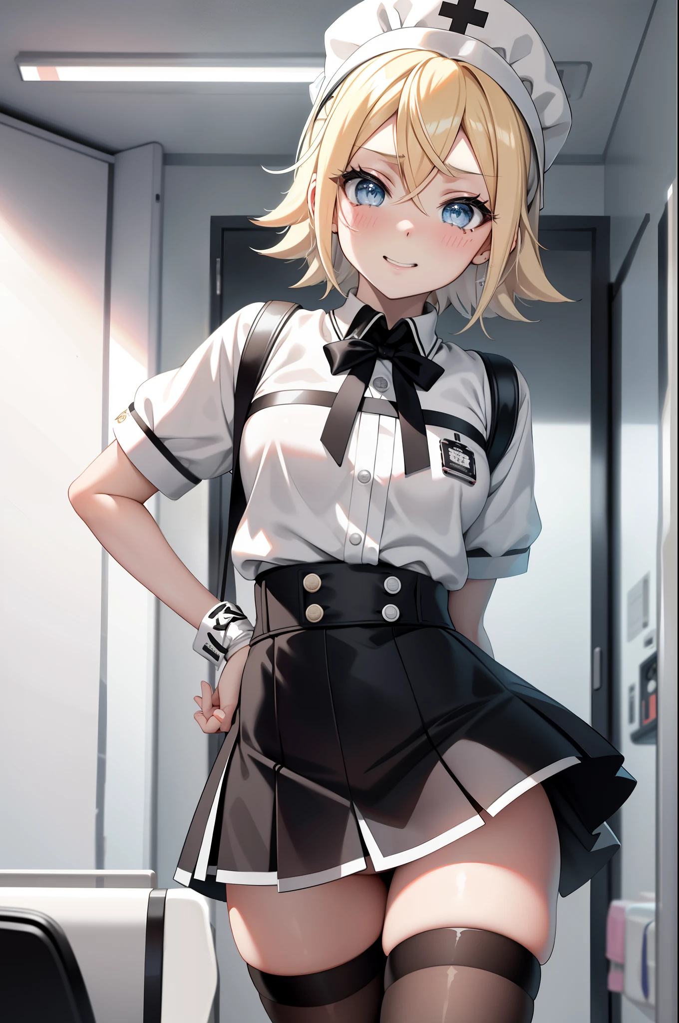 Kagamine rin , 1girl, enfermera, Gorra de enfermera, Desgaste blanco, ((Legwear blanco, Zettai Ryouiki)), Guantes blancos, cabello rubio, ojos azules, labios rosados, They are smiling, En pie, ((hospital room)), sharp outline, manga corta, La mejor calidad, Obra maestra