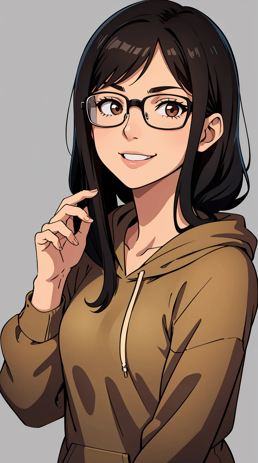 Girl with black straight hair, straight, shoulder lenght hair. Brown eyes, wearing glasses, hair parted in middle, no bangs, smiling. Wearing hoodie