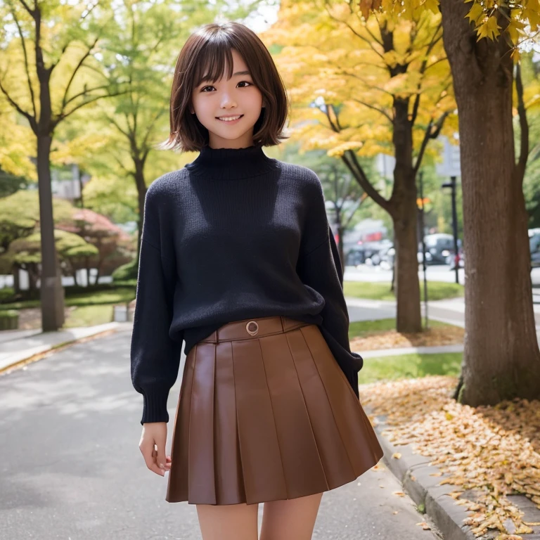 top-quality、超A high resolution、(Photorealsitic:1.4)、Raw photography、1 Japan Female、20yr old、独奏、cute little、(A smile: 1.1)、(Brown-eyed)、detailed beautiful faces、(Shorthair)、a park、autumnal、skirt by the