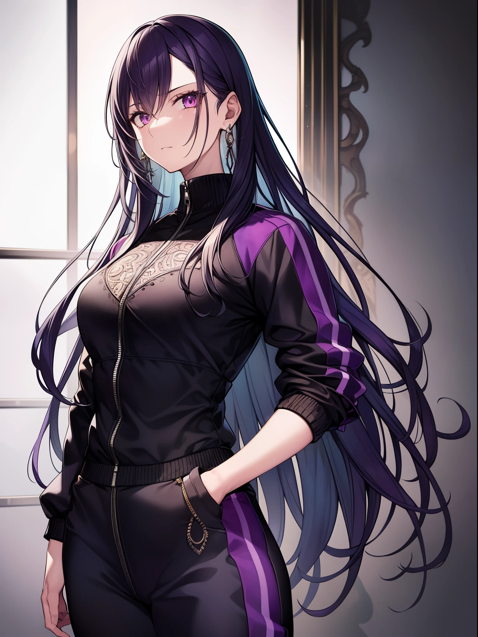 we_dorohedoro, hight resolution, Sharp Focus, Pixiv masterpiece, ((Intricate details)), Highly detailed, 1girl in, Long hair, earrings, muscular, Jacket, Purple Tracksuit,