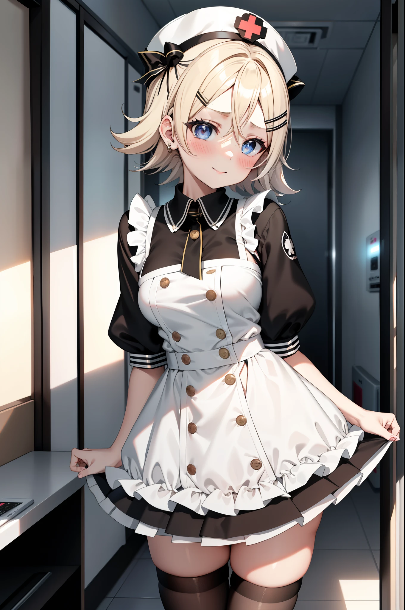 Kagamine rin , 1girl, enfermera, Gorra de enfermera, Desgaste blanco, ((Legwear blanco, Zettai Ryouiki)), Guantes blancos, cabello rubio, ojos azules, labios rosados, They are smiling, En pie, ((hospital room)), sharp outline, manga corta, La mejor calidad, Obra maestra