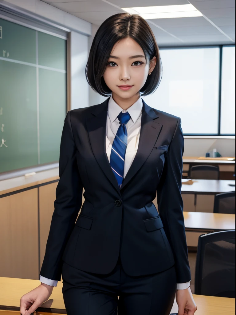 masterpiece、masutepiece、Top image quality、offcial art、Female, 22 years old、(Bob Hair)、well-shaped nose、lightsmile、small lips、Perfect beautiful body、(FULL BODYSHOT)、Wear an office suit、School background、