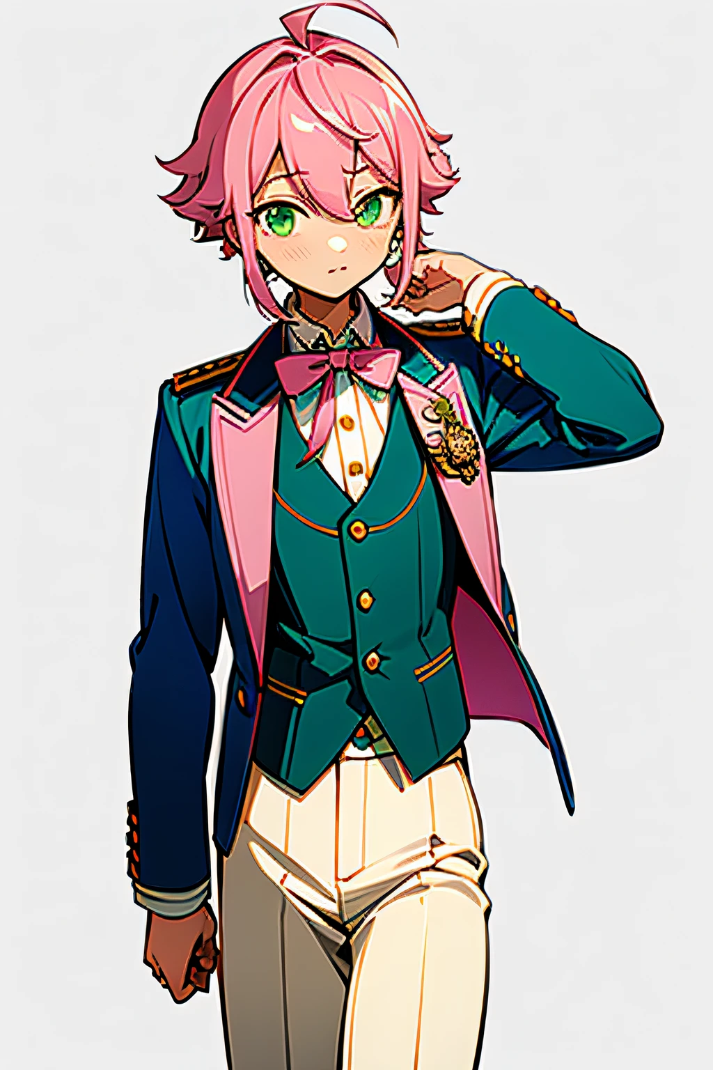 a bird_Himemiya, Pink_hair, Green_Eyes, 1boy, long_sleeves, Pants, White jacket, Formal, bow ribbon, epaulets, Standing,   Dark blue vest, Suit,  ribbon on the neck, Shirt, It features a simple_Background, buttoning, Idol costumes, White pants,