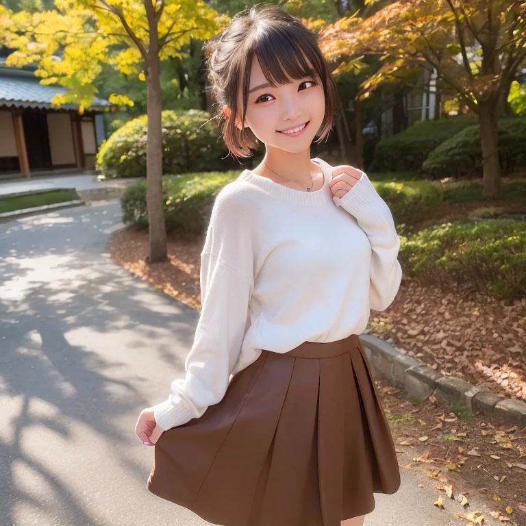 top-quality、超A high resolution、(Photorealsitic:1.4)、Raw photography、1 Japan Female、20yr old、独奏、cute little、(A smile: 1.1)、(Brown-eyed)、detailed beautiful faces、(Shorthair)、a park、autumnal、skirt by the