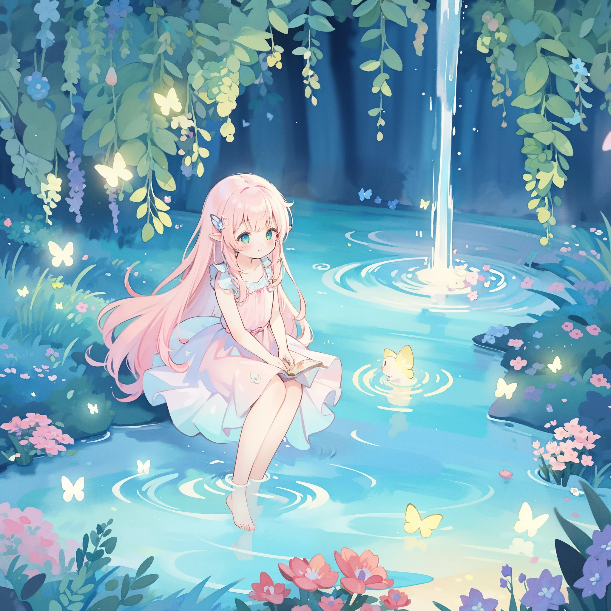 picture book illustration, watercolor storybook illustration, vibrant pastel colors, dreamy, colorful, whimsical, magical, masterpiece, best quality, sharp focus, intricately detailed environment, fine detail, 8k resolution, waterfall lagoon, (magical lagoon), (waterfall, lake), glowing lights, fireflies, glowing butterflies, fairy creatures, glowing fairies