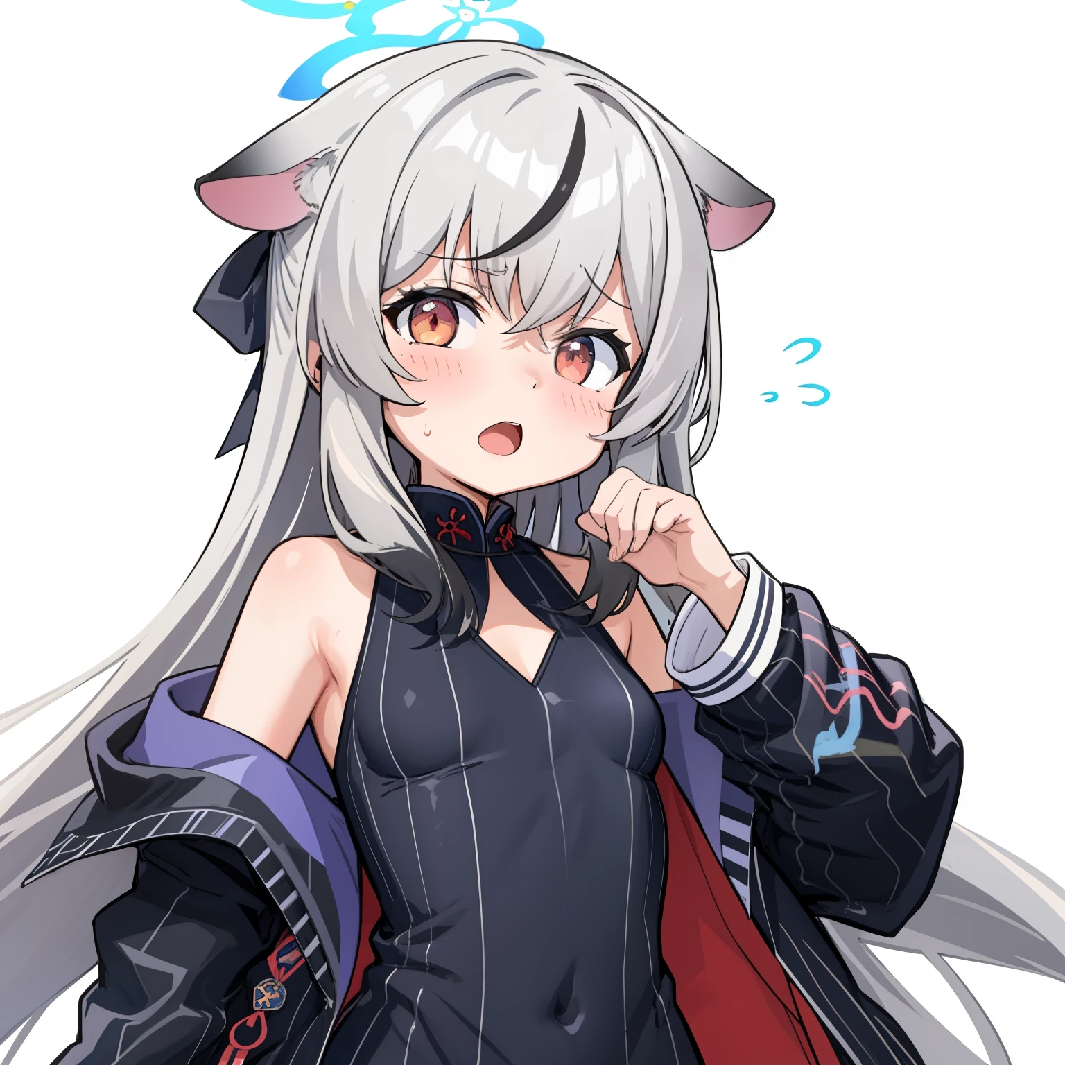 masterpiece, best quality, ultra-detailed, illustration,1girl, black dress, black jacket, blush, breasts, clothing cutout, dress, flying sweatdrops, halo,  jacket, kokona, long sleeves, looking at viewer, open mouth, simple background, solo, upper body, white background