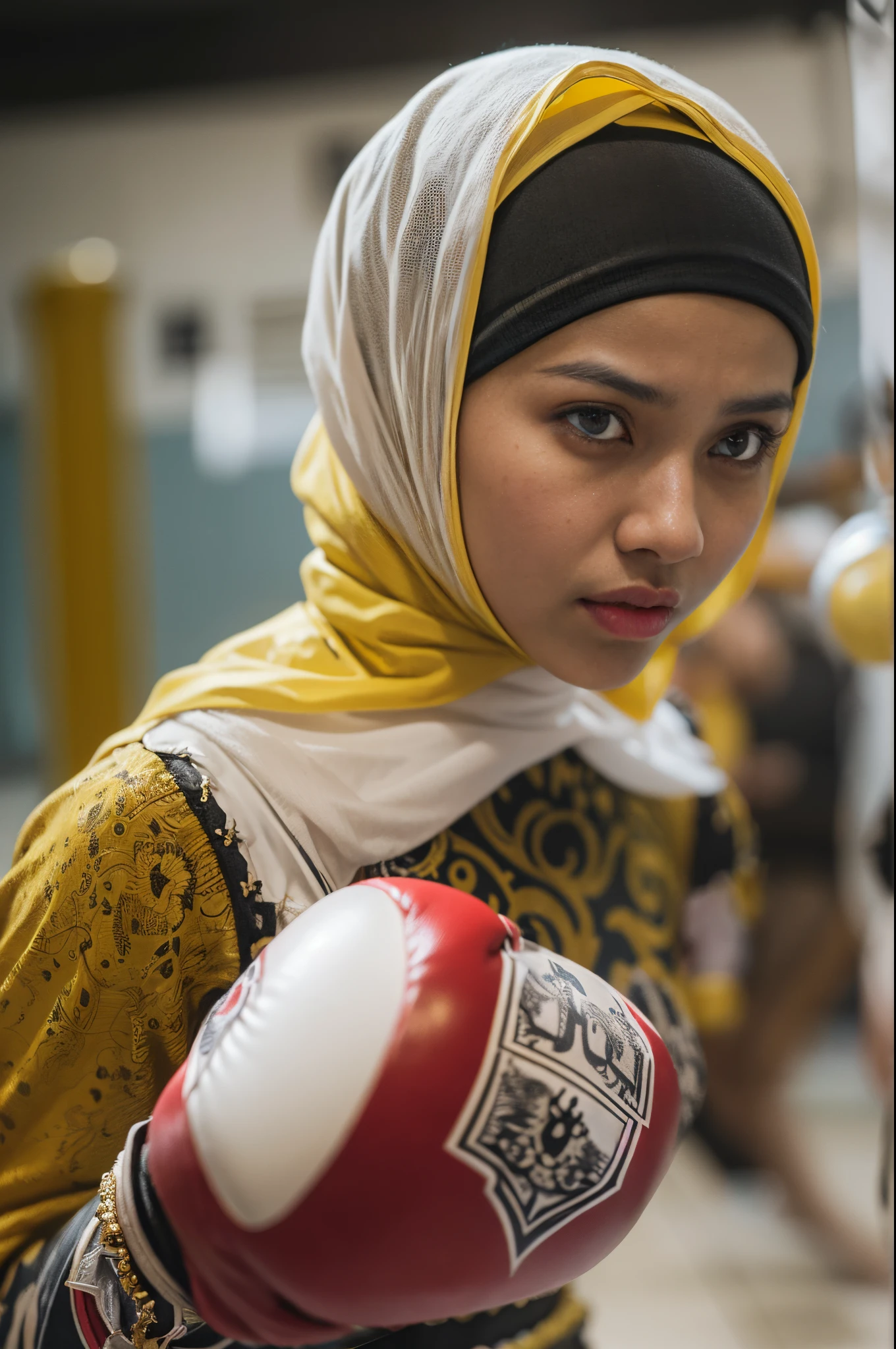 1 malay girl in hijab dressed as cinderella, yellow and black dress, white background, hijab, forehead-looking, surly, sharp-eyed, (cool look), boxing, both red gloves, visible, middle-aged woman, (((narrow eyes)), fighting stance, sparring, boxing, ((malay cinderella boxer))