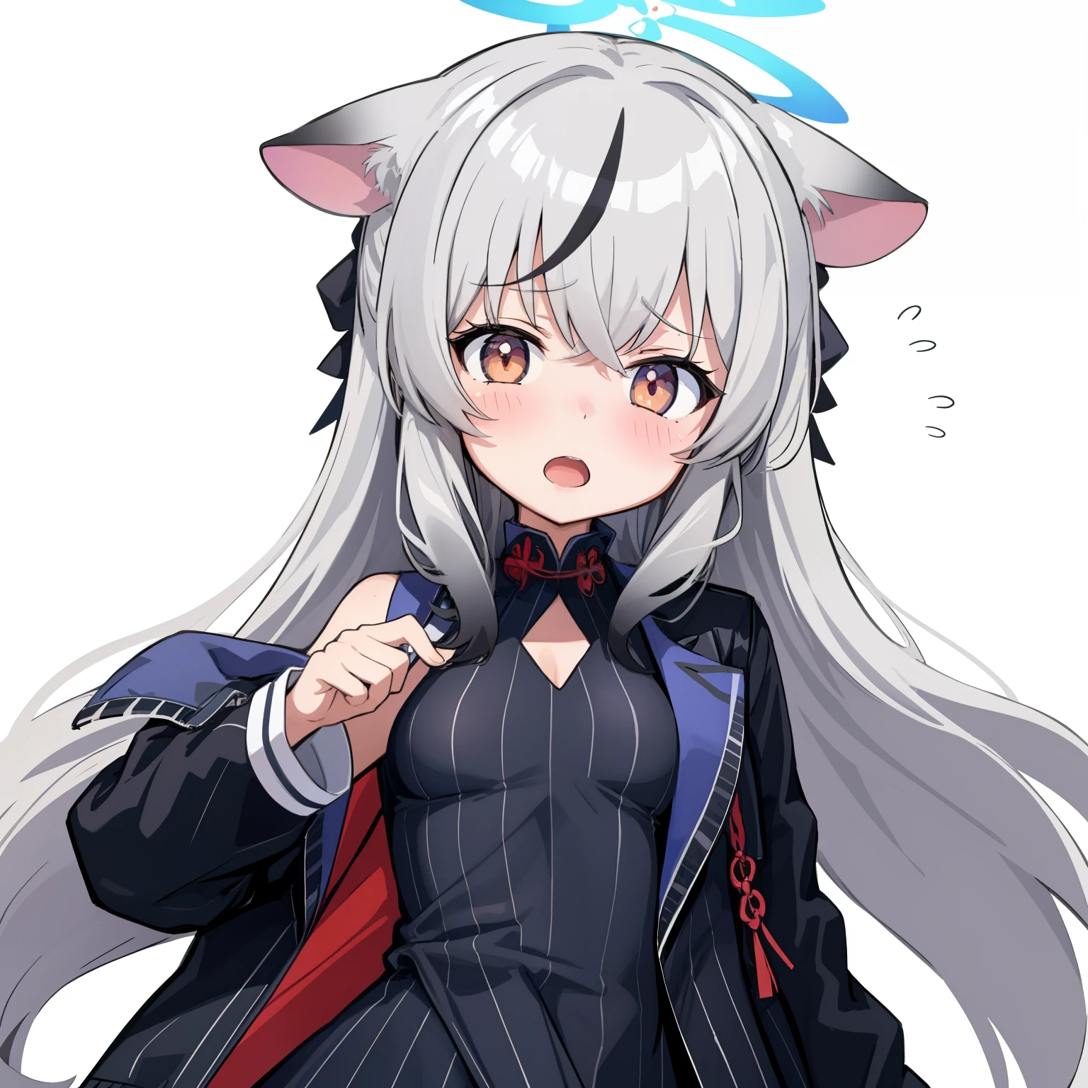 masterpiece, best quality, ultra-detailed, illustration,1girl, black dress, black jacket, blush, breasts, clothing cutout, dress, flying sweatdrops, halo,  jacket, kokona, long sleeves, looking at viewer, open mouth, simple background, solo, upper body, white background