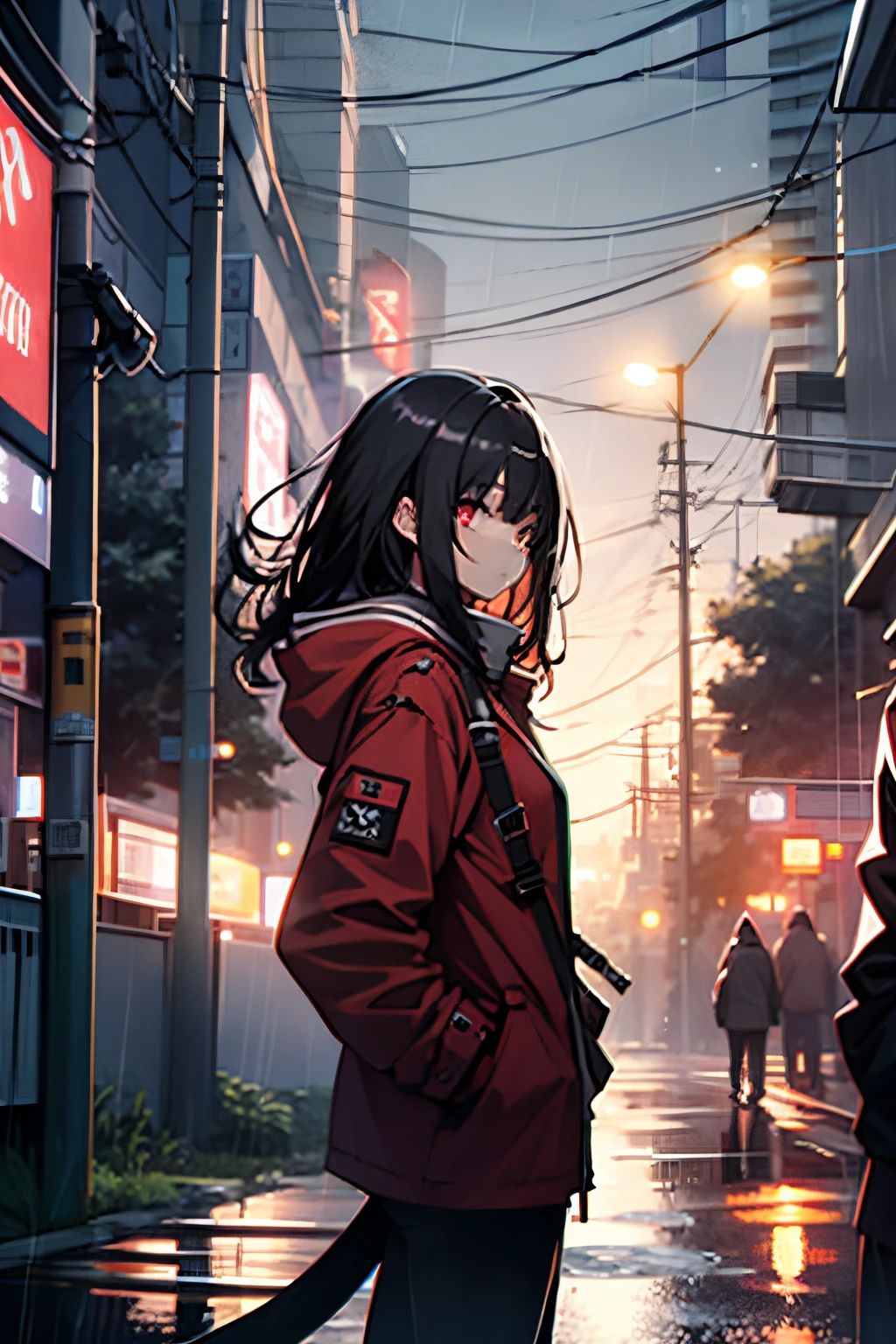 1 girl, night city, rain,red coat, hands in pockets,black hair, red eyes, body harness, side tail hair,