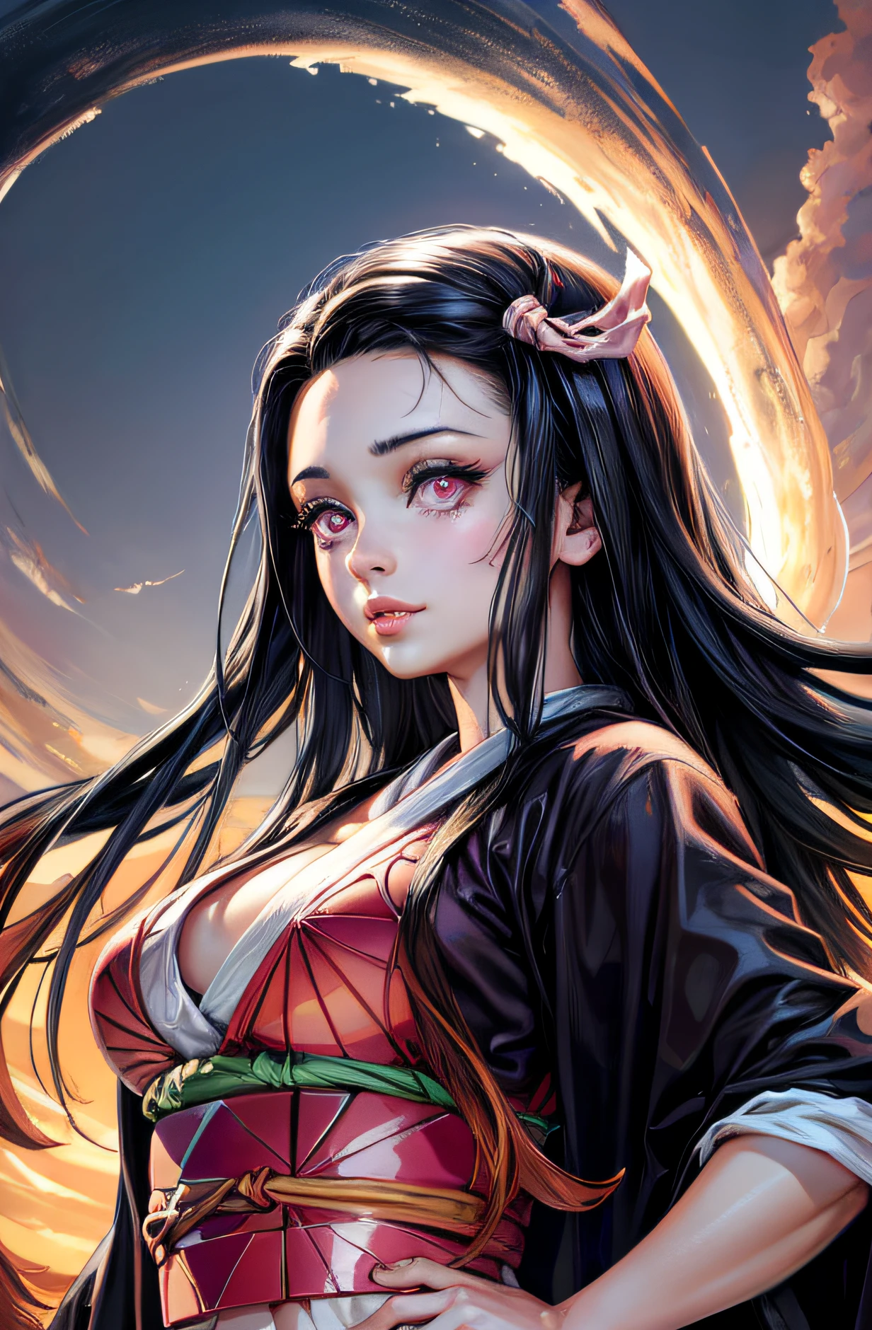 (Ultra Real), (Illustration), (High Resolution), (8K), (Very Detailed), (Best Illustration), (Beautiful Detailed Eyes), (Best Quality), (Ultra Detailed), (Masterpiece), (Wallpaper), (Detailed Face),Red Eyes, Night Up Upper Body, Ice Cream,Long Hair,Solo,Simple Kimono Top Girl, Sweaty, Japan Person, Big Tits, (Camel Toe) Nezuko Kamado, Flirty Smile,