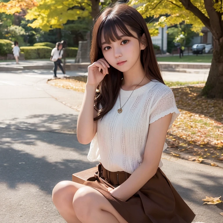 top-quality、超A high resolution、(Photorealsitic:1.4)、Raw photography、1 Japan Female、20yr old、独奏、cute little、(Brown-eyed)、detailed beautiful faces、(Shorthair)、a park、autumnal、skirt by the