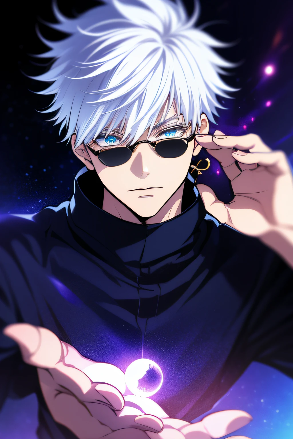 ((high detailing、Cinematic lighting))、messy white hair、Aquamarine eyes、White lashes、god rays、Ray tracing、drop shadow、optical illusion、The upper part of the body、Looking at the camera、masutepiece、((Super Detail、Best Quality、8K))、Jujutsu Kaisen、Gojo Gojo、Black attire、Surgical unfolding、Perfect jet black background、serene expressions、powerful being、mystic atmosphere、(Strange moonlight、ominous shadows、 Intense blue aura、 Intense red aura、Symbol of the power that surrounds him、Radiating magical energy、Mystical artifacts、Ether particles、dynamicposes、Epic soundtrack、(((Detailed hand)))、Lunette de soleil