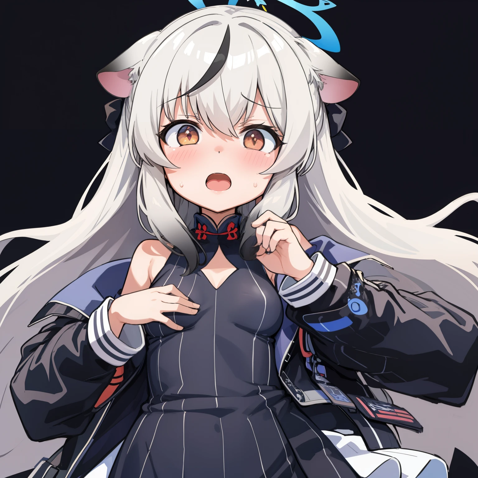 masterpiece, best quality, ultra-detailed, illustration,1girl, black dress, black jacket, blush, breasts, clothing cutout, dress, flying sweatdrops, halo, jacket, kokona, long sleeves, looking at viewer, open mouth, simple background, solo, upper body, white background