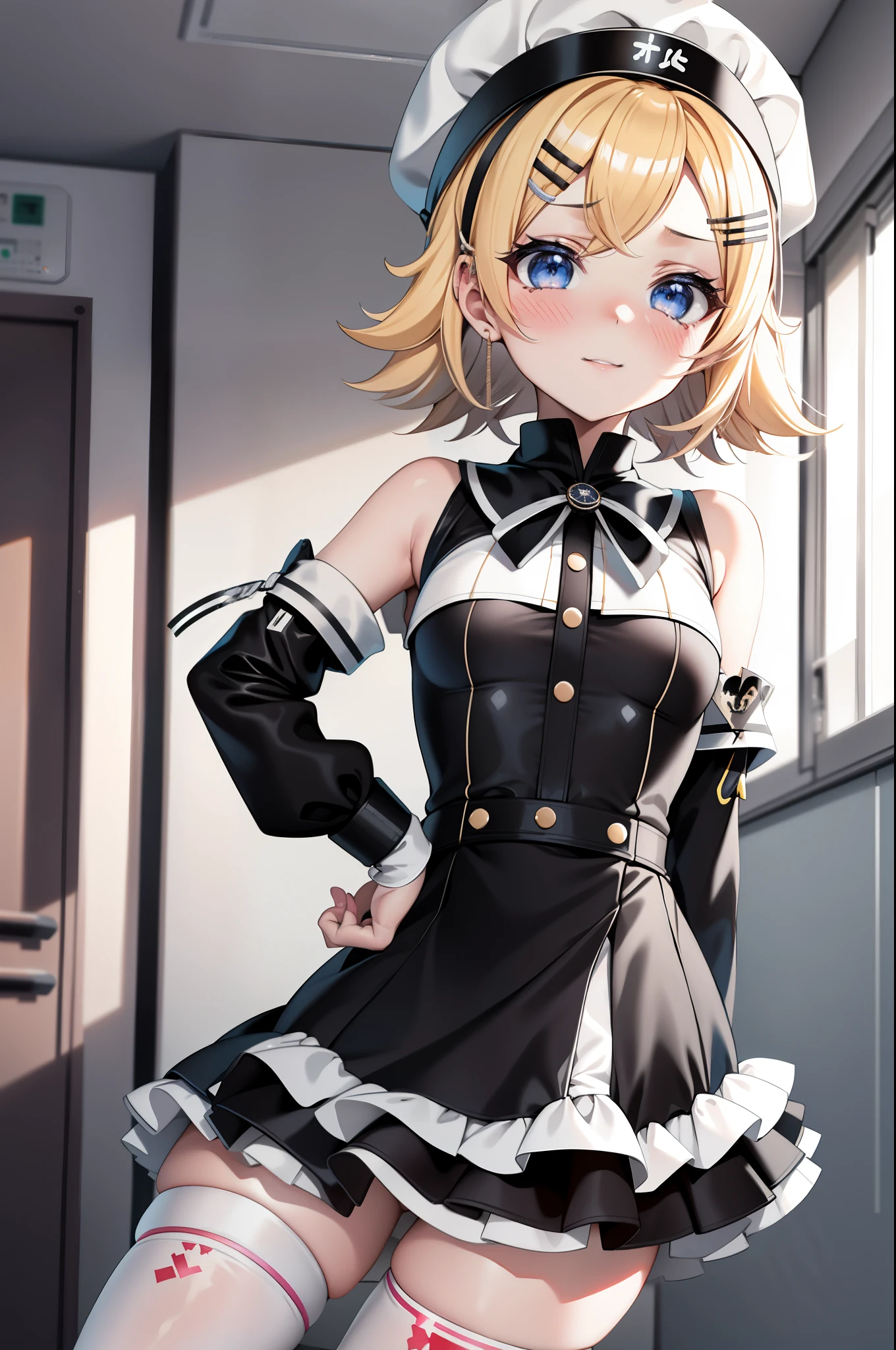 Kagamine rin , 1girl, enfermera, Gorra de enfermera, Desgaste blanco, ((Legwear blanco, Zettai Ryouiki)), Guantes blancos, cabello rubio, ojos azules, labios rosados, They are smiling, En pie, ((hospital room)), sharp outline, manga corta, La mejor calidad, Obra maestra