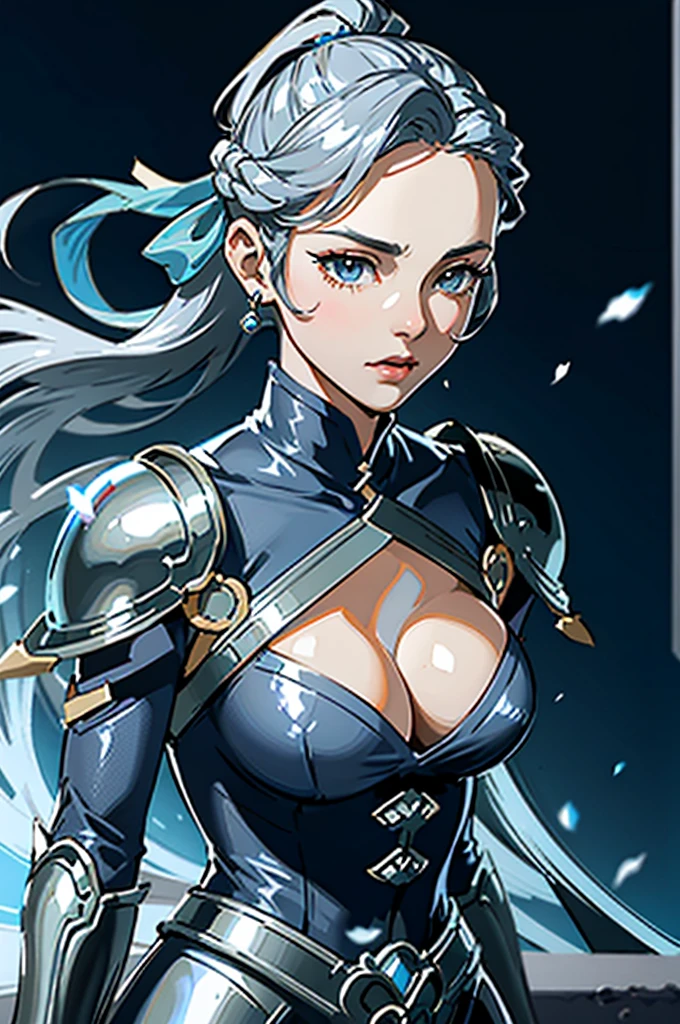 close up shot of a woman in a silver and blue dress, silver armor, large breasts, cleavage, chengwei pan on artstation, by Yang J, detailed fantasy art, stunning character art