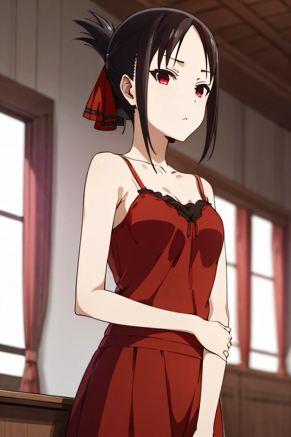 Best Quality, (masutepiece:1.2), Detailed,20 years old,
kaguya shinomiya,
1girl in, Solo, Closed mouth,
Black hair, Red Eyes, Short hair, folded ponytail, Hair Ribbon, Elegant bra, Red Ribbon,
Standing, Looking at the viewer, medium breasts,((Upper body)), Healthy skin, Camisole、Bra sticking out from camisole