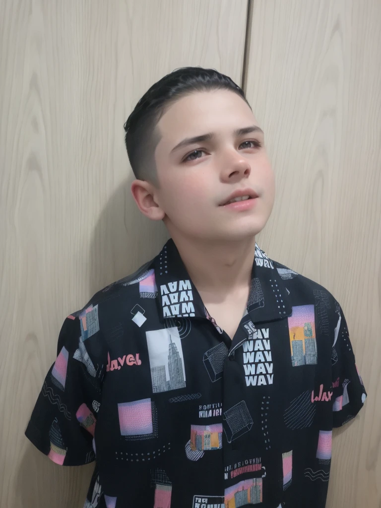 garoto arafiado de camisa preta com gravata e gravata, menino tem cabelo preto curto, 8 0 s corte de cabelo, corte de cabelo meio raspado, lados raspados, corte de cabelo raspado, short hair on top of his head, imagem frontal, Directed by: Nandor Soldier, onze de stranger things, laterais raspadas tampo curto, corte de cabelo mullet, curto nas laterais