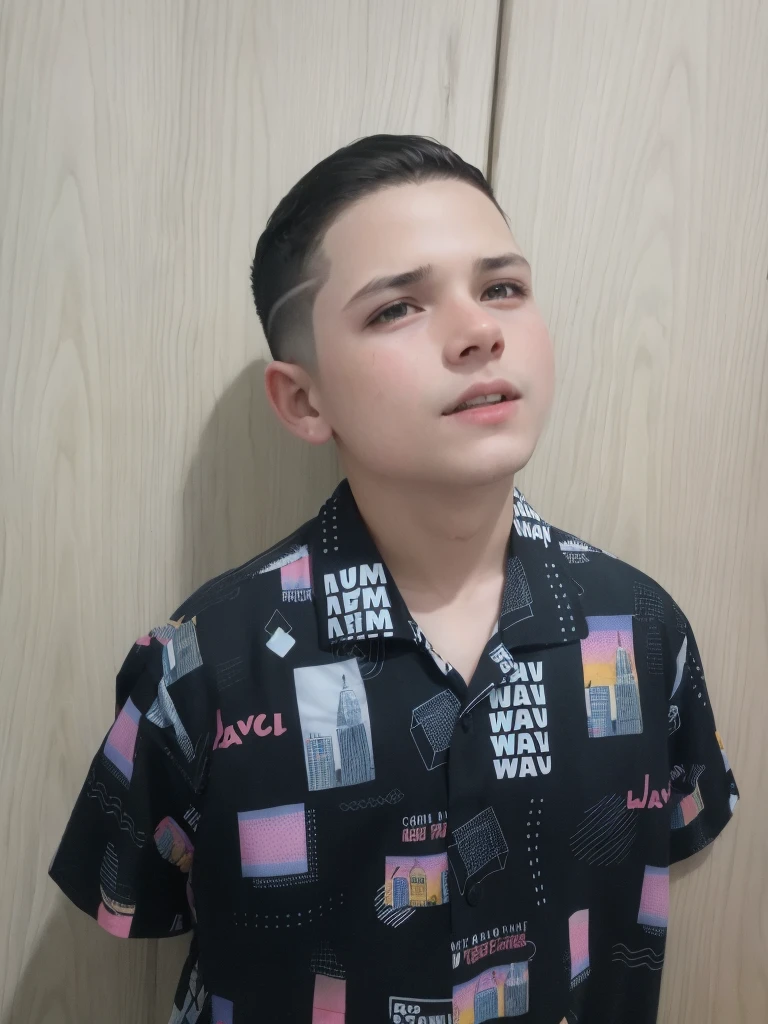 garoto arafiado de camisa preta com gravata e gravata, tem cabelo preto curto, 8 0 s corte de cabelo, corte de cabelo meio raspado, lados raspados, corte de cabelo raspado, short hair on top of his head, imagem frontal, Directed by: Nandor Soldier, onze de stranger things, laterais raspadas tampo curto, corte de cabelo mullet, curto nas laterais