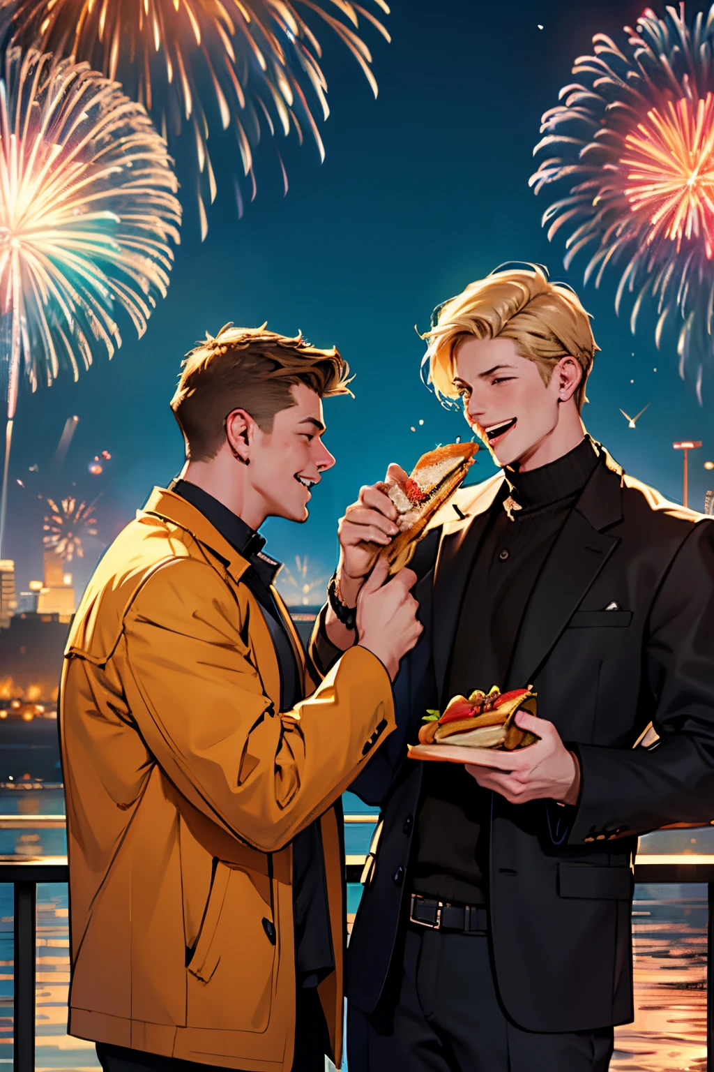 New years eve, firework in the background, there is two men standing watching the fireworks. Both men have short hair, one is blond and the other one has dark hair. They are friends. One is laughing and the other one is serious. One man is eating a sandwich