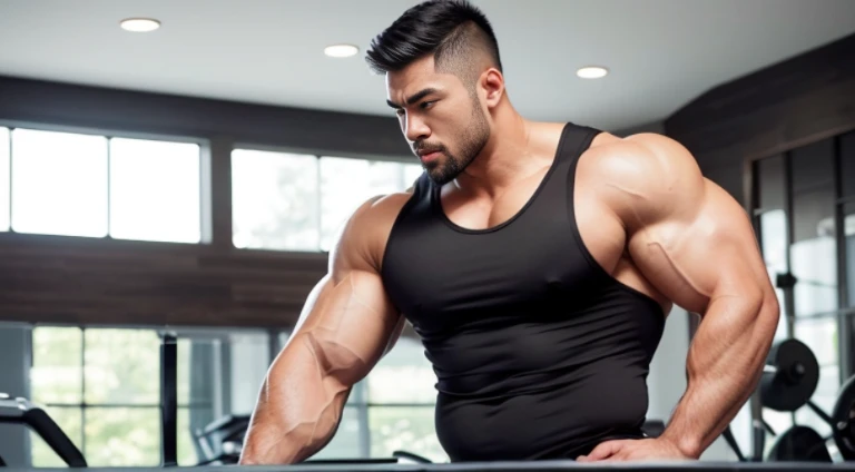 (Very detailed 8k wallpaper), Strong Asian Men, At the gym, high detailing, buzzcut, very large and strong body, bulging muscles, well-muscled, very large pectoral muscles. Very sexy abs, legs are muscular, Toned figure, lightens oily skin, muscular, Tank top, T-shirt, longshot, Wide Shot