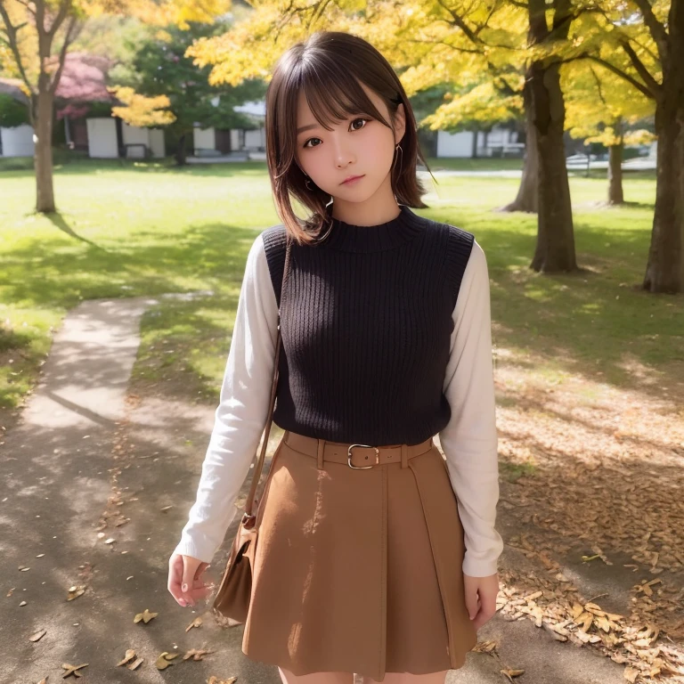 top-quality、超A high resolution、(Photorealsitic:1.4)、Raw photography、1 Japan Female、20yr old、独奏、cute little、(Brown-eyed)、detailed beautiful faces、(Shorthair)、a park、autumnal、skirt by the、Yoshiko Akishino