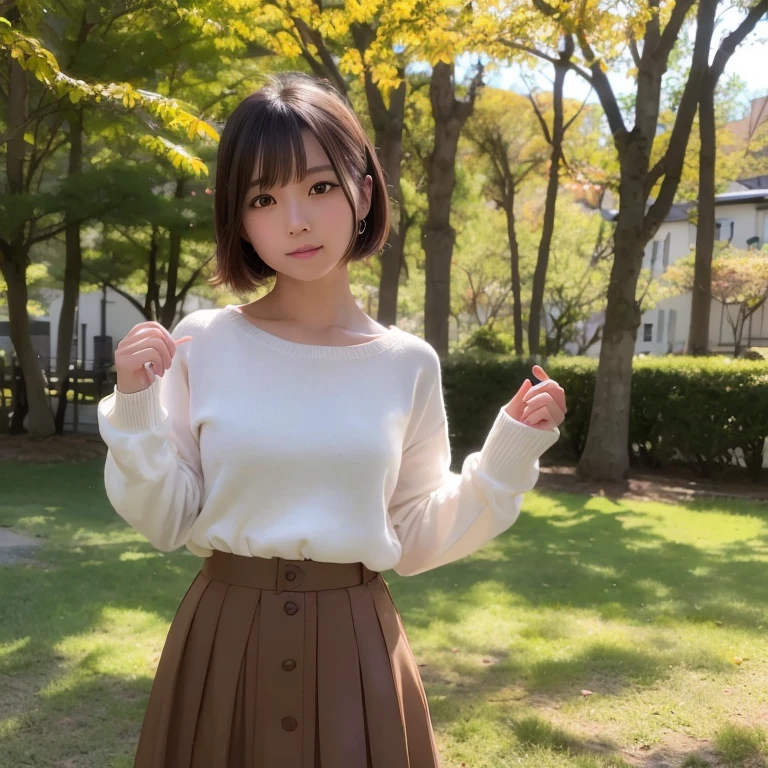 top-quality、超A high resolution、(Photorealsitic:1.4)、Raw photography、1 Japan Female、20yr old、独奏、cute little、(Brown-eyed)、detailed beautiful faces、(Shorthair)、a park、autumnal、skirt by the、Yoshiko Akishino