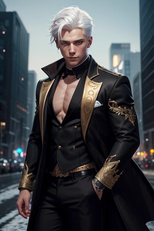 1boy, white hair, golden eyes, sixpack, wears black pants and brown coat, topless, nightime background, ((masterpiece, best quality)), illustration, ultra detailed 8k, photorealistic, sharp focus, highly detailed, professional lighting, colorful details,