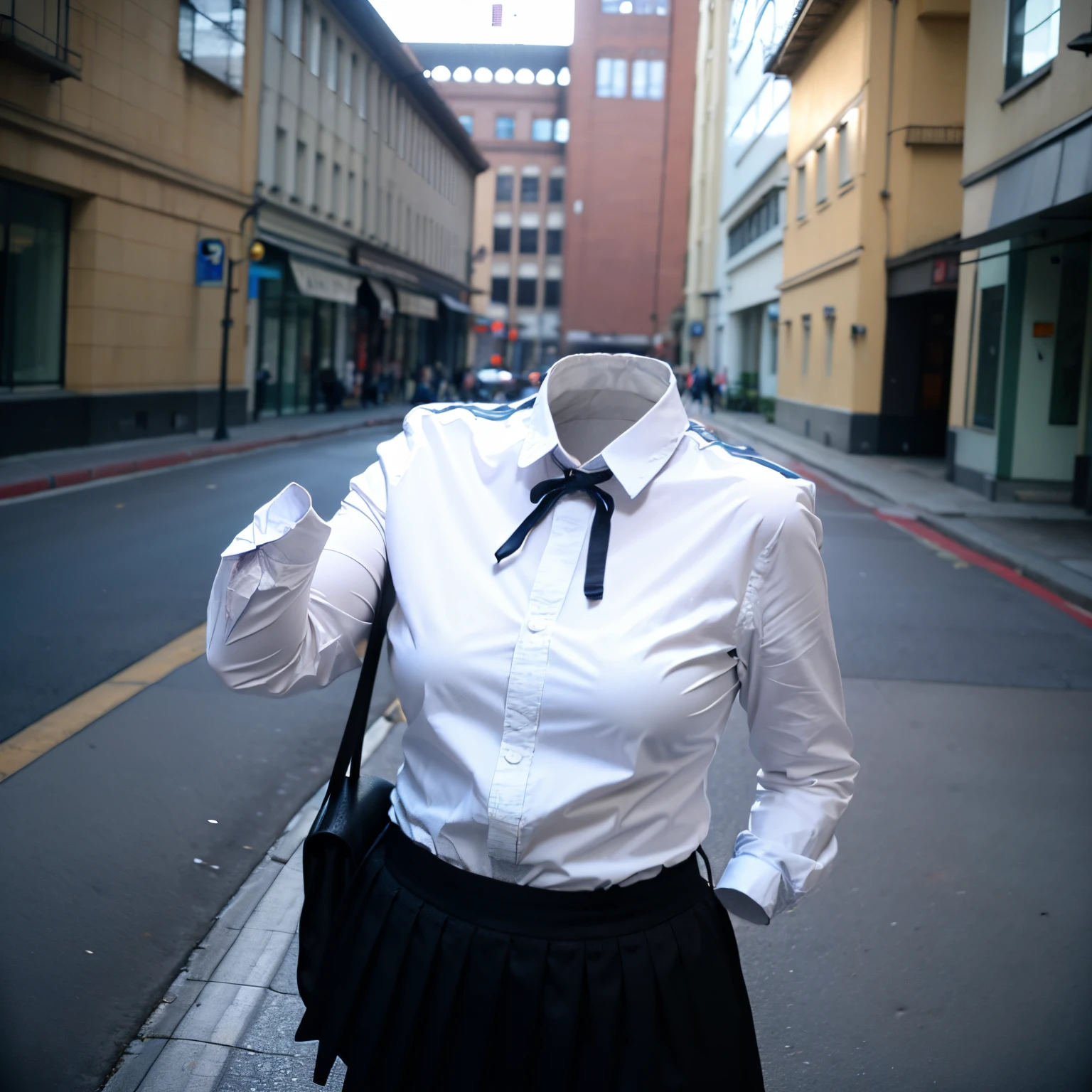 chubby, fat, school uniform, jk ribbon on neck, going home from school, school bag, (Swayback stance, Seductive pose), (invisible:1.5, no humans:1.5, headless:1.5, faceless:1.5), (cute big breasts), (close-up shot of breasts), (8k, RAW photo, best quality, masterpiece:1.2), (realistic, photo-realistic:1.37), photon mapping, radiosity, ((Hasselblad photography)), physically-based rendering