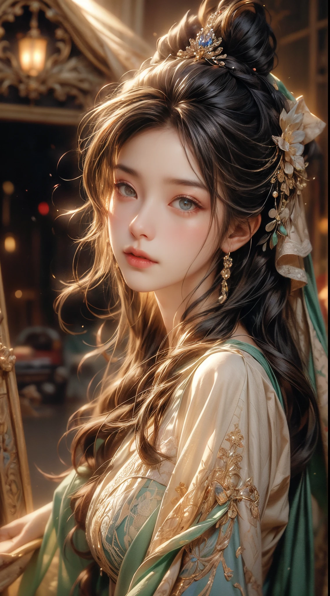 A girl with long messy hair stands in front of a world-famous theater. The theater is a super-detailed CG unified 8k wall, Featuring stunning architectural details and vibrant colors. girl'flowing knotted hair, Add a touch of natural beauty to the scene. The lights in the cinema are like watching a movie, Warm soft light illuminates the girl's face. Has subtle lens flare,Add drama to images. This girl has a cute and delicate appearance, It has beautiful delicate eyes and lips. The overall image quality is of the highest standard, Featuring ultra-detailed textures and intricate details. This is a masterpiece of the perfect fusion of art and technology.