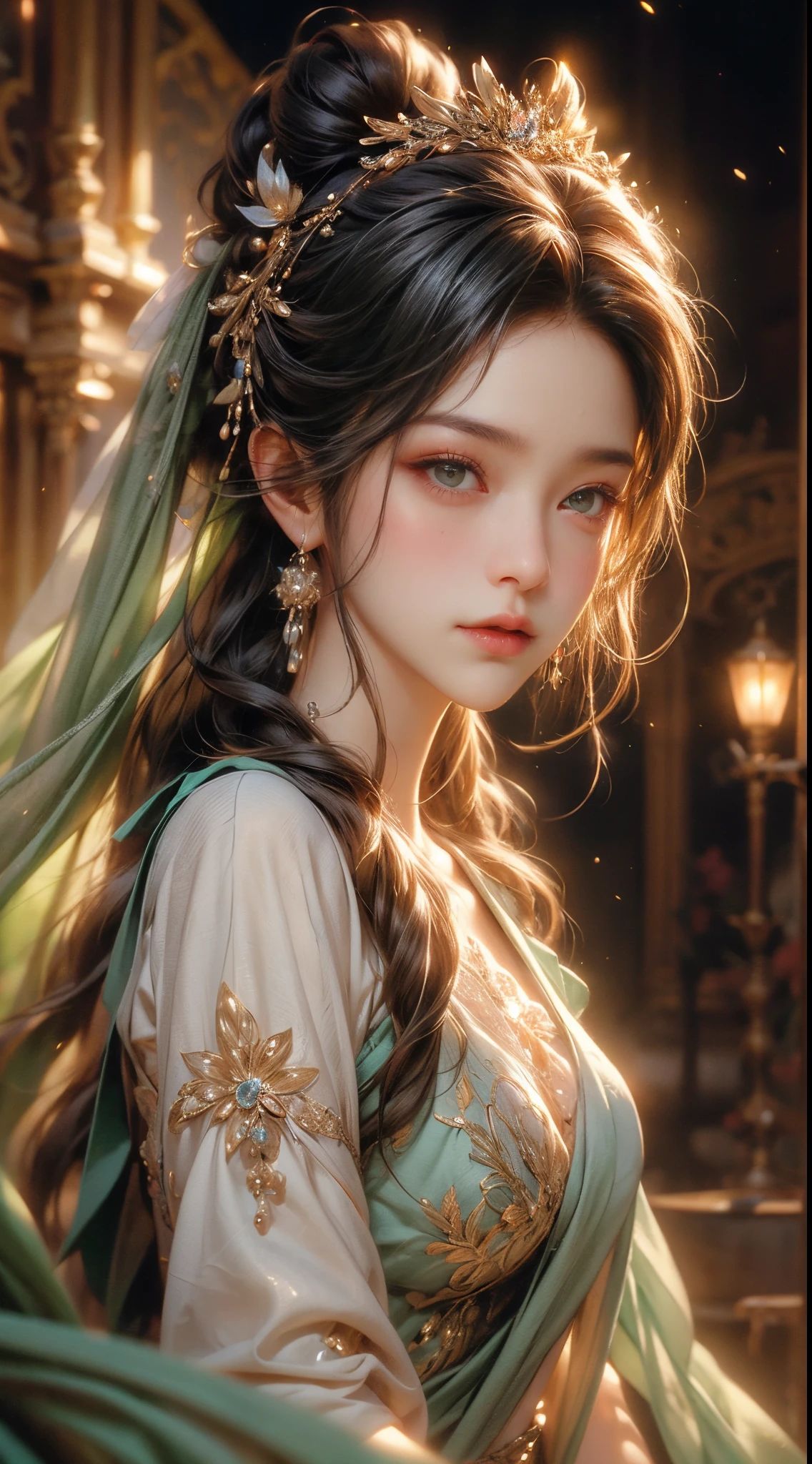 A woman in a green dress with a veil and a flower in her hair - SeaArt AI