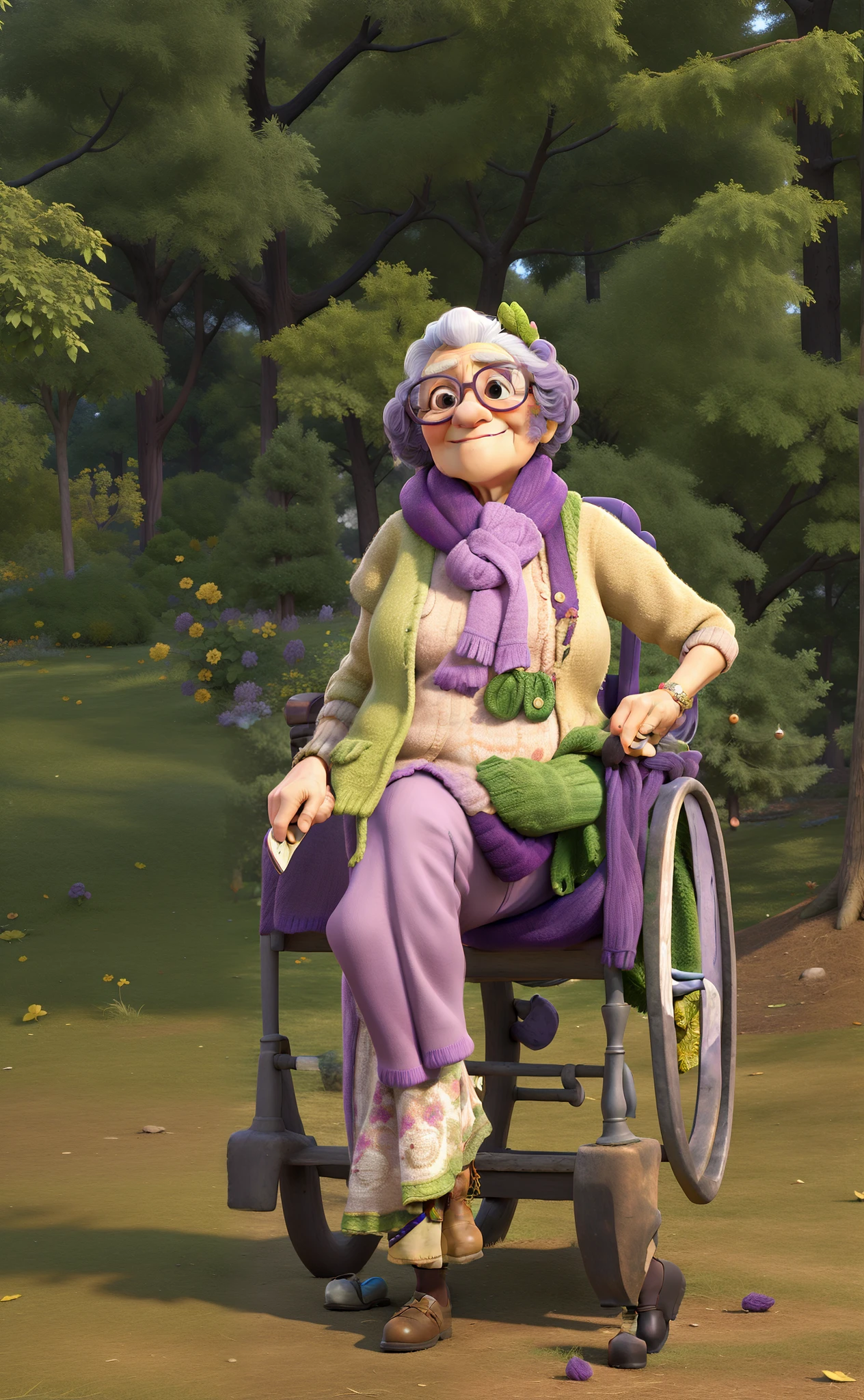 masterpiece, best quality, an old woman with glasses and a scarf on, wearing a purple coat and green scarf, standing at the park