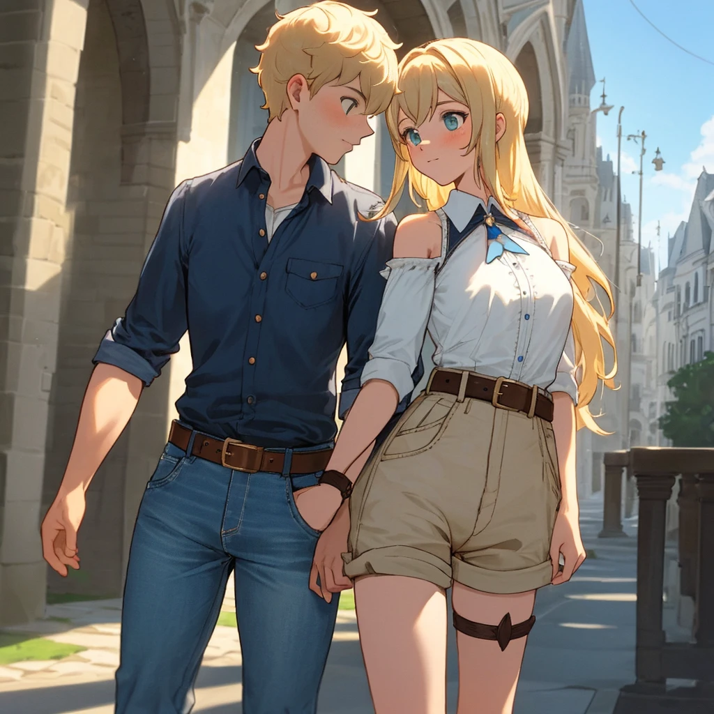 Jean_Genshin, 1casal de namorados, (Close-up), (cowboy shot), blonde hair, hairbow,bareshoulders, mangas destacadas, Camisa do Jeans, Shorts brancos inchados de Jean, belt, thigh strap, sandals, ((Standing up naturally)), corpo inteiro, ao ar livre, Cidade Europeia, Casas de estilo europeu, (castelo), Meio-dia, Ruas, luz solar,