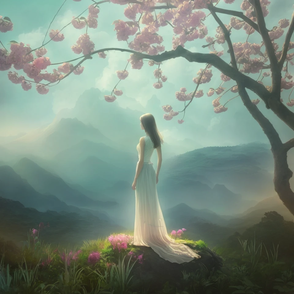 Araffe woman in long dress standing on a hill with trees, Get lost in a dream fairy landscape, beautiful girl on the horizon, Dreamy scenes, A distant, dreamy atmosphere, Goddess in the flower field, Very beautiful and ethereal, beautiful avatar pictures, Beautiful Fantasy, Very beautiful images., She's approaching heaven., beautiful and beautiful, Beautiful wallpapers