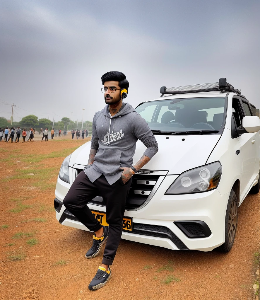 A Indian young guy with small beard with glasses, stand on street, wear hoody, headphone, tattoo on his neck, hyper realistic, Brown eyes, brown skin tone, 8k