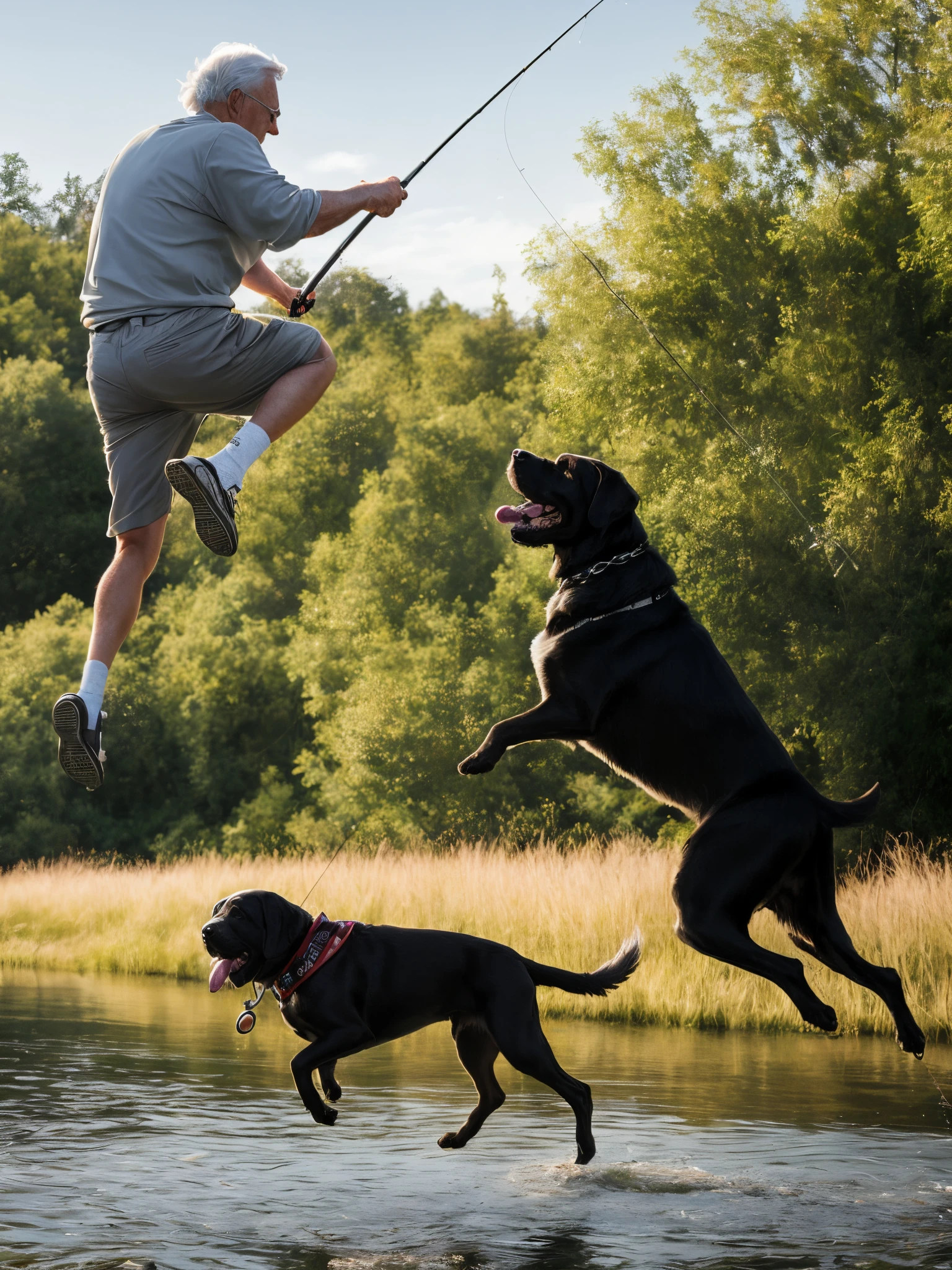 Older gray haired angry looking man, fishing holding fishing rod in one hand and crazy, jumping dog cane corso breed on a chain in the other hand
