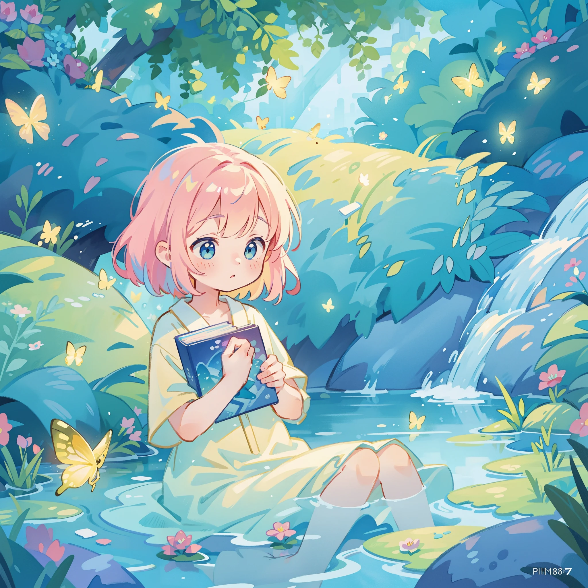 picture book illustration, watercolor storybook illustration, vibrant pastel colors, dreamy, colorful, whimsical, magical, masterpiece, best quality, sharp focus, intricately detailed environment, fine detail, 8k resolution, waterfall lagoon, water nymph girl, (magical lagoon), (waterfall, lake), (beautiful  girl swimming in water), glowing lights, fireflies, glowing butterflies, glowing pixies