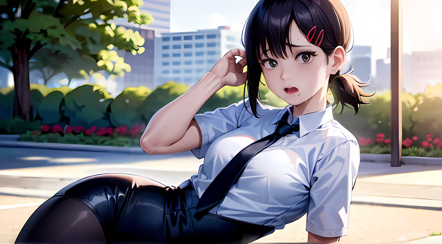 (8k, RAW photo, best quality, masterpiece:1.2),(realistic, photo-realistic:1.37), ((best quality)), ultra high res,extremely detailed CG unity 8k wallpaper, physically-based rendering,cinematic lighting,half body, (bokeh:1.4), (((1girl))), shapely, (slim waist),higashiyama kobeni,black hair,red hairpin,sweat,nervous,white shirt,black necktie,black pants,convenience store,butt to camera, showing back
