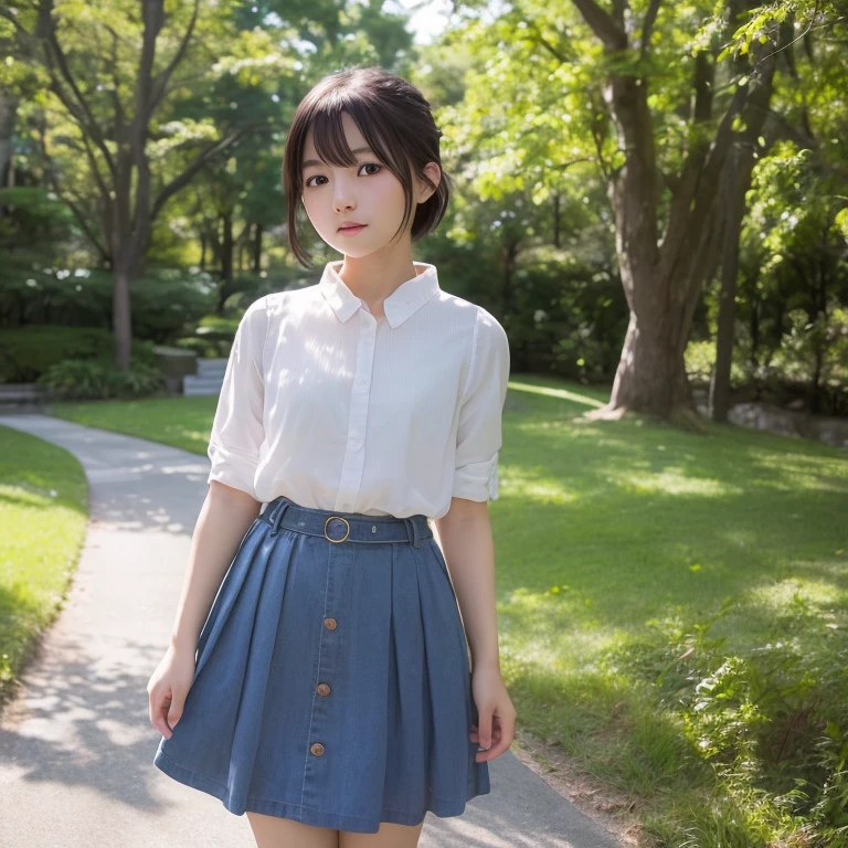 top-quality、超A high resolution、(Photorealsitic:1.4)、Raw photography、1 Japan Female、20yr old、独奏、cute little、detailed beautiful faces、(Shorthair)、a park、skirt by the、Yoshiko Akishino